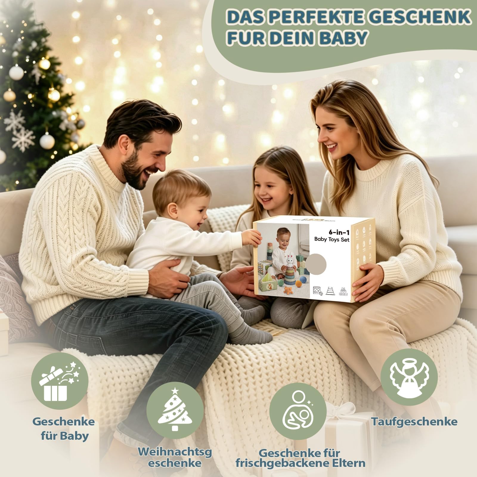 Anook Montessori Spielzeug Baby ab 6 Monate, Baby Spielzeug 6 8 9 10 Monate | Babyspielzeug ab 6 Monate mit Bausteine,Stapelbecher,Tücherbox Baby,Formsortierwürfel,Stapelturm,Geschenk für 6-12 Monate