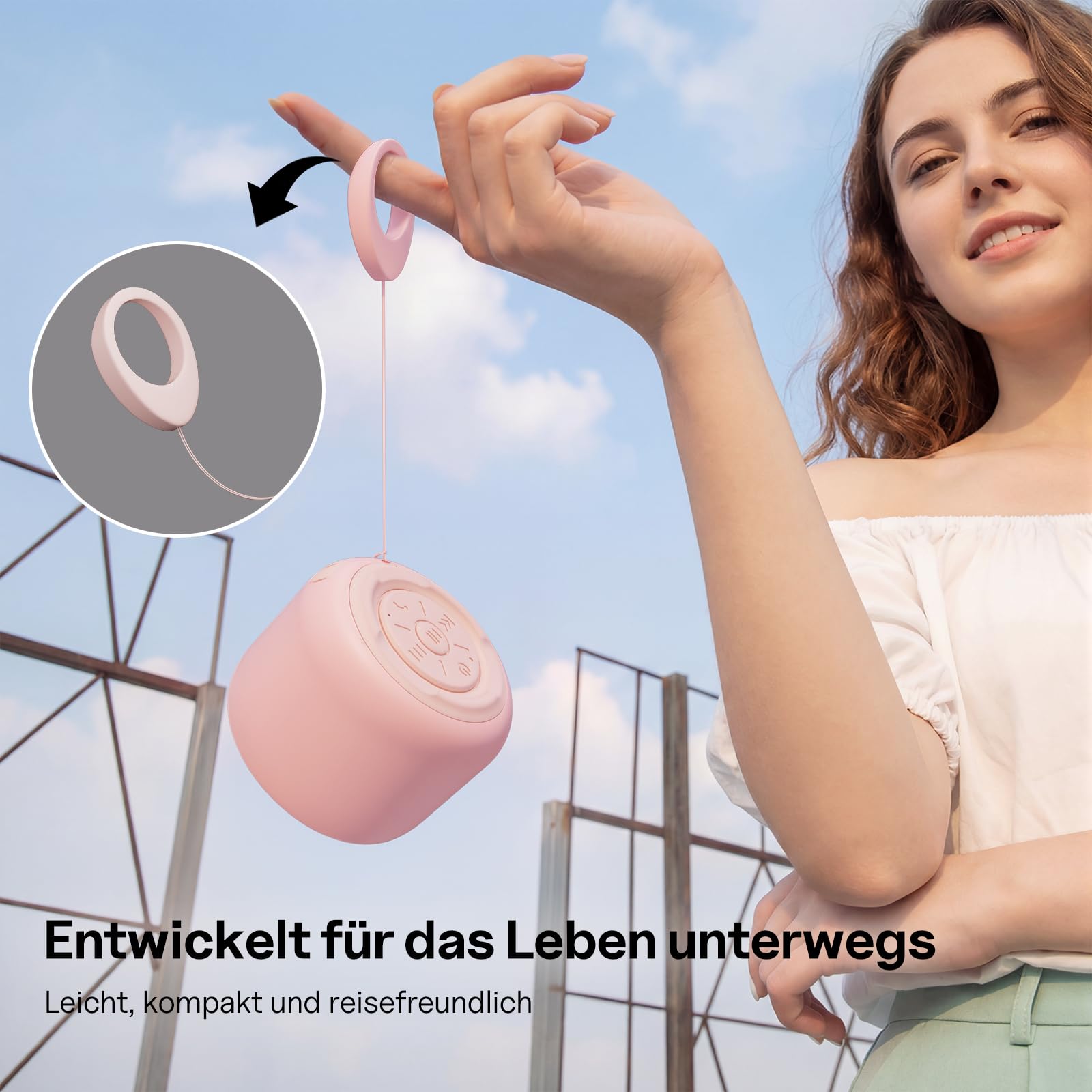 Bobtot Tragbare Bluetooth-Lautsprecher mit Trageband – Kabellos, Wasserdichter klein Lautsprecher mit kraftvollem Stereoklang, 15 Stunden Spielzeit, wiederaufladbar, Integriertes Mikrofon, Rosa