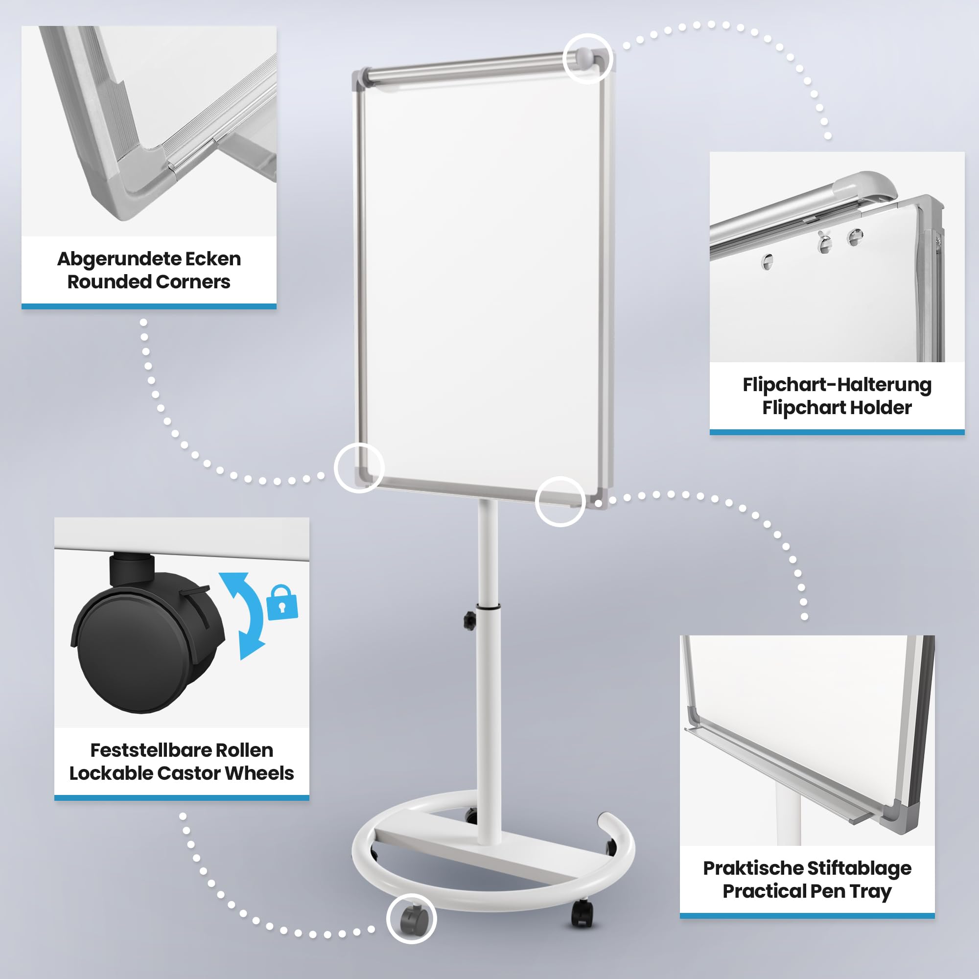 Jago® Chevalet de Conférence - sur Roulettes, Réglable en Hauteur, Mobile, 60 x 90 cm, Magnétique, Effaçable, Incluant Marqueurs, Aimants, Papiers, Éponge - Paperboard, Tableau Magnétique Blanc