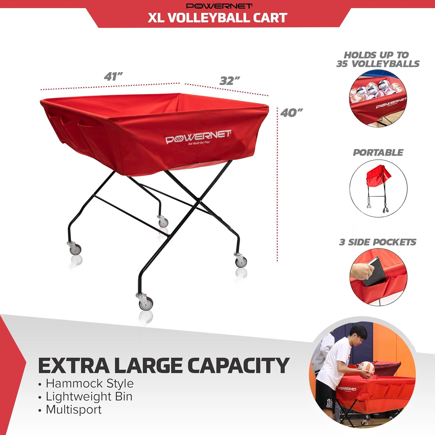 PowerNet XL Volleyball Wheeled Cart | Portable Hammock Ball Cart | Collapsible Rolling Training Equipment Basket | Lightweight Bin | Great for Indoor and Outdoor Use | Multisport : Sports & Outdoors