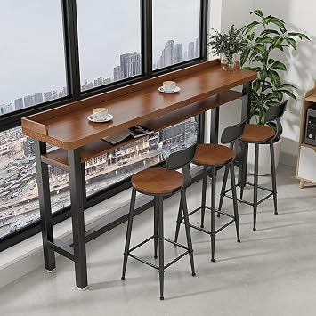 Solid Wood Bar Height Table,Industrial Counter Height Kitchen Dining Table,Indoor Outdoor End Long Narrow Side Tables Double top table,Bar Table Outdoor Side Table Metal bracket,No stools180*40*105cm