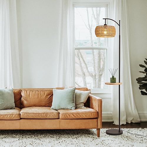 Miniatura 2 de Lámpara de pie bohemia, lámpara de pie de ratán con estante, mimbre de bambú bohemio, costera, rústica, tejida de madera tropical, lámpara de pie