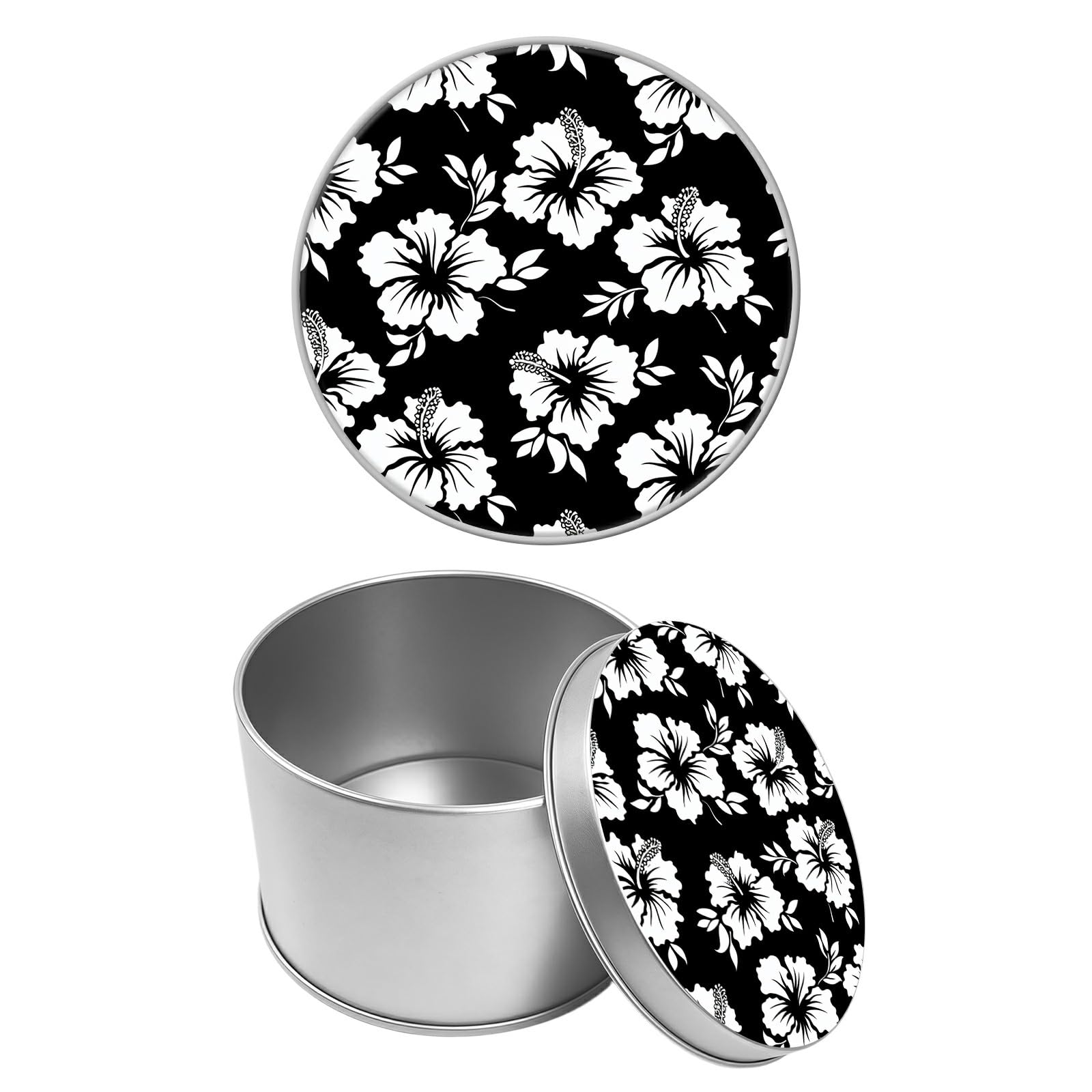 Round Metal Tin Container with Removable Lid, White Flowers Durable Metal Storage Box for Cookies Spices Tea Candies Cakes Jewelry Cosmetics 3.54 x 2.36 inch– Single Pack