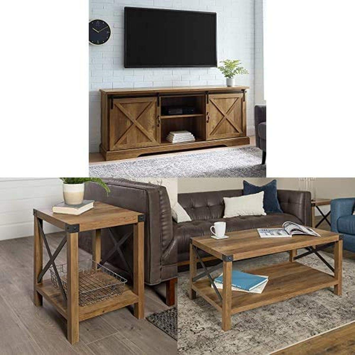 Walker Edison Modern Farmhouse Sliding Barndoor Wood Stand for TV's with Metal and Wood Square Side Accent Living Room Small End Table and Coffee Table Living Room Ottoman Storage Shelf