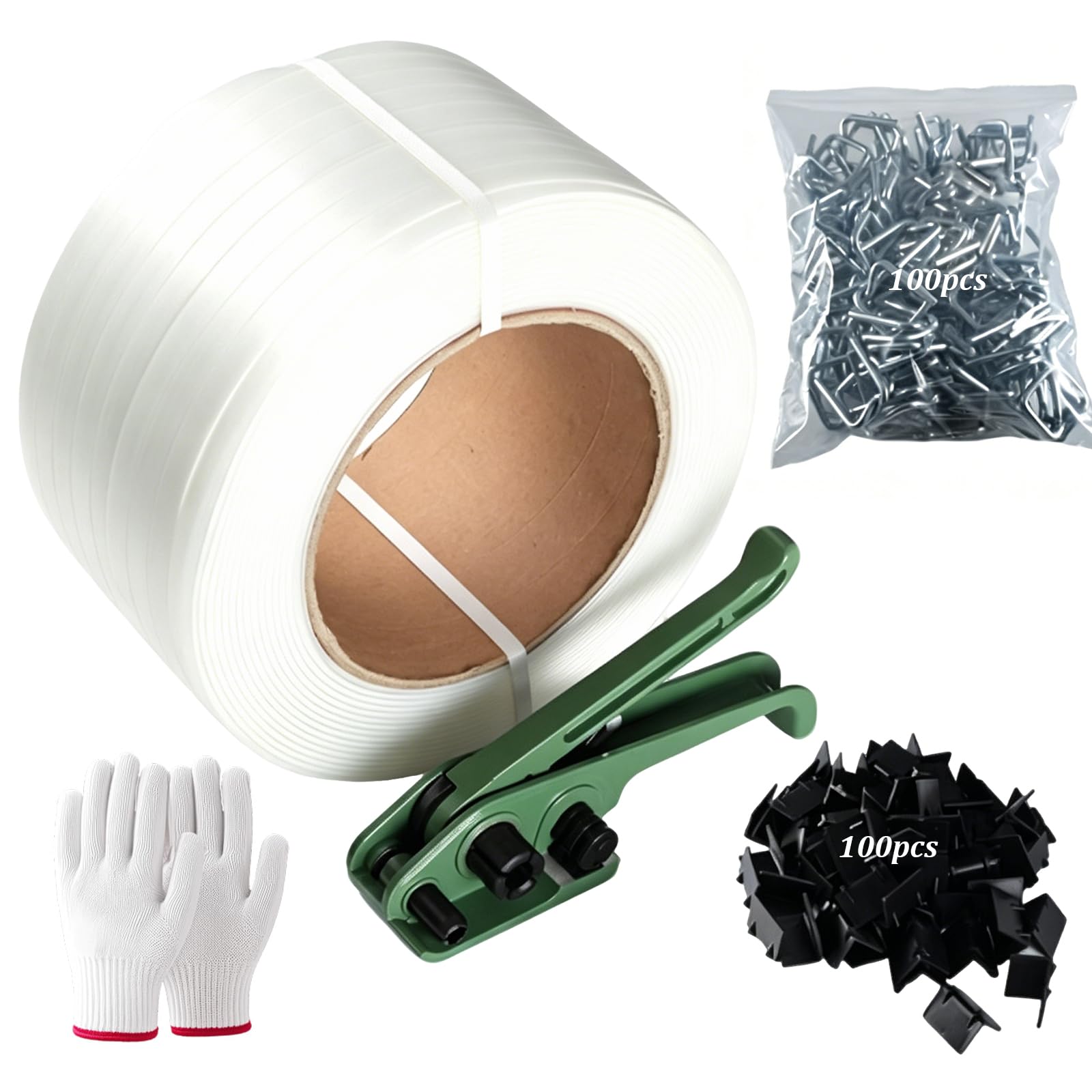 Kit Cerclage Feuillard 12-19mm avec 200m Feuillard PET, 100 Boucles Métalliques, 100 Protège-Coins et Outils pour Transport et Stockage Pour L'Emballage