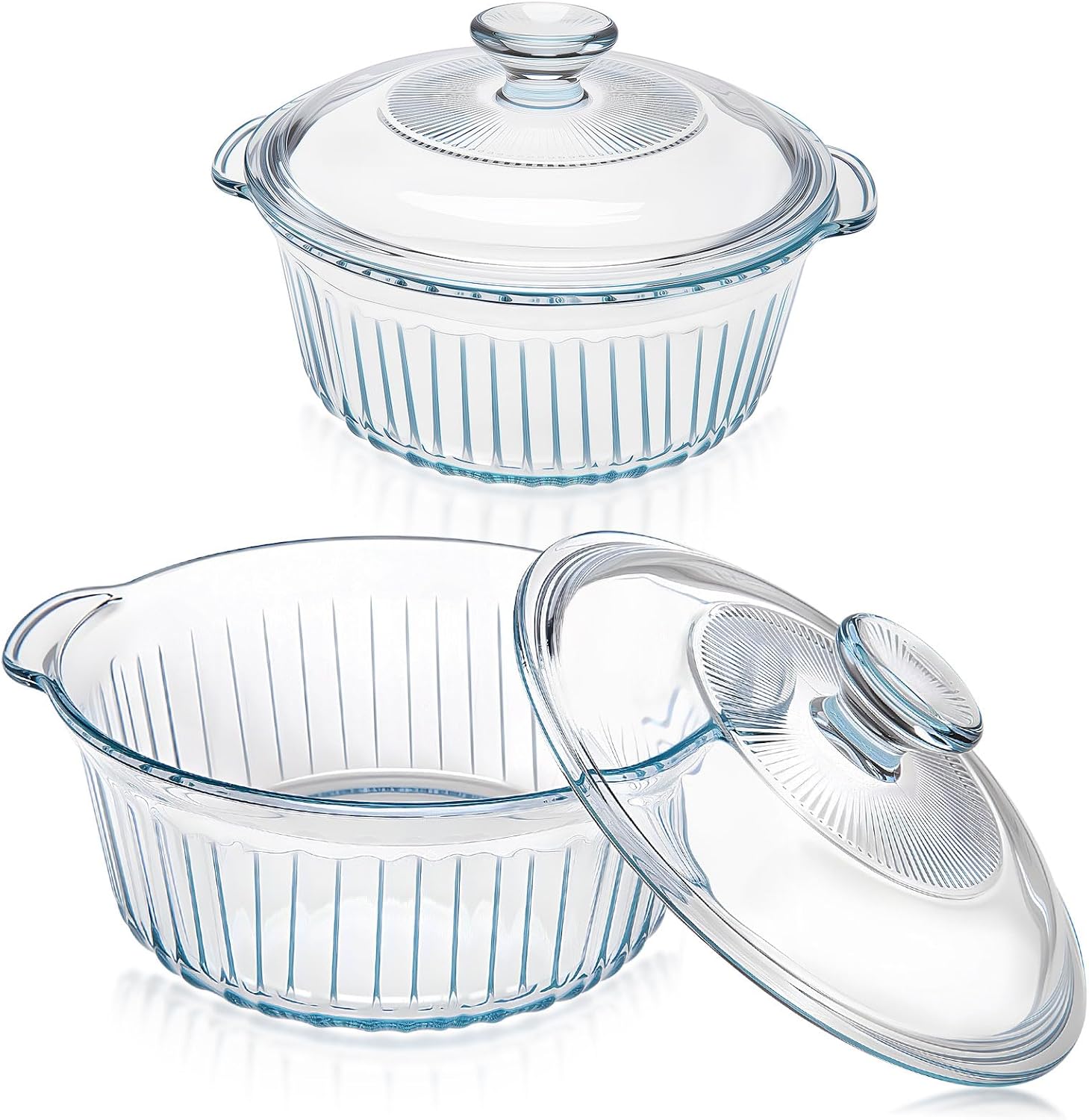 Glass Baking Dishes for Oven, 2 Pack Baking Dish with Lid, Round Casserole Dishes for Oven with Lids, Clear Glass Casserole Dish with Lid Oven Safe for Baking, Cooking, Storage, 1.7Qt and 2.5Qt