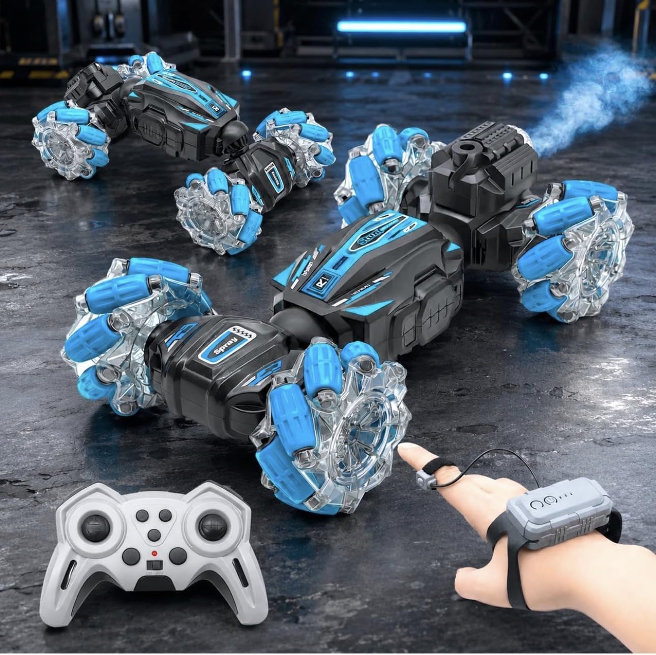 RC Stunt Car, Blue, Green | Gesture Control, Twister Body, LED Mecanum Wheels, Mist Spray, 3D Sound