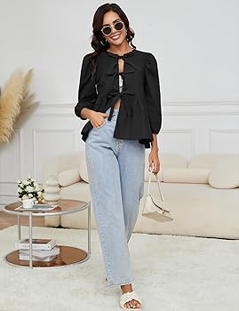 Rapbin Tie Front Tops 3/4 Puff Sleeve Peplum Blouse Cute Ruffle