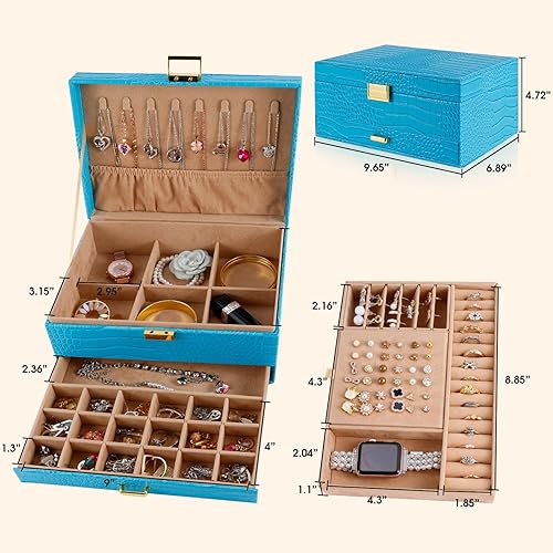 Miniatura 6 de Gifturbo Caja organizadora de joyas para mujeres y niñas, cajas de joyería de piel sintética azul, 3 capas de joyería, caja de regalo para pulseras,