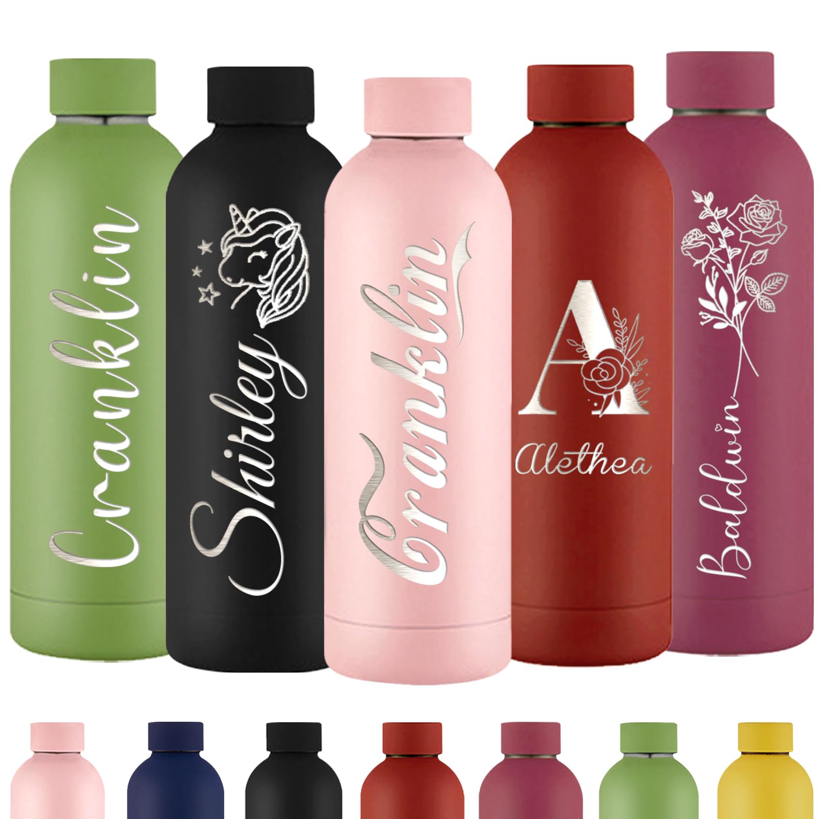 Xihedfd Personalised Water Bottles Custom Engraved Water Bottle with Name Customised Insulated Stainless Steels 500ml Water Bottle for School Office Sport
