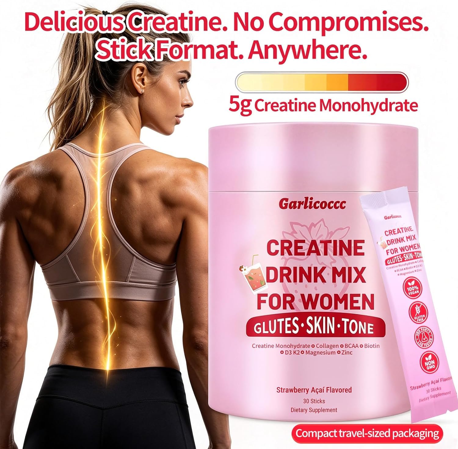 Creatine Powder for Women–Creatine for Women, Strawberry Flavor–30 Sticks — Amazon image 3