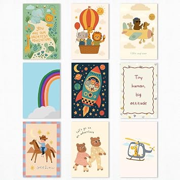 Set of 9 Nursery Canvas Wall Art, Cute Animals Go on Adventure Poster, Motivational Tiny Human Big Attitude Print for Kids Room, Bear Elephant Lion Picture for Baby Playroom Bedroom 8x12in Unframed