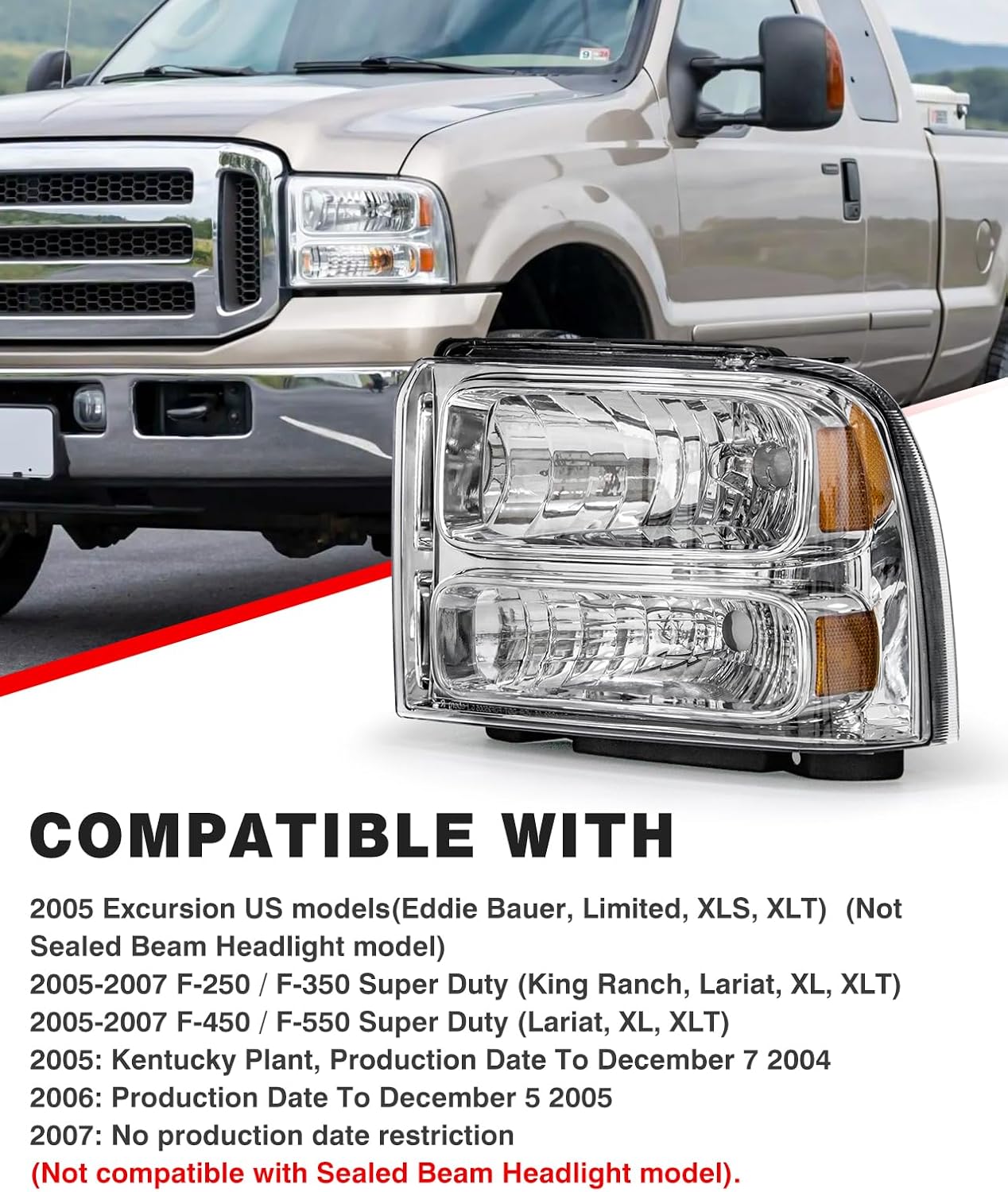 for 05 06 07 Ford F250 F350 F450 F550 Super Duty Headlight Assembly Compatible with with 2005 Ford Excursion Chrome Housing Headlamp Amber Reflector Left+Right Side(Bulbs not included)