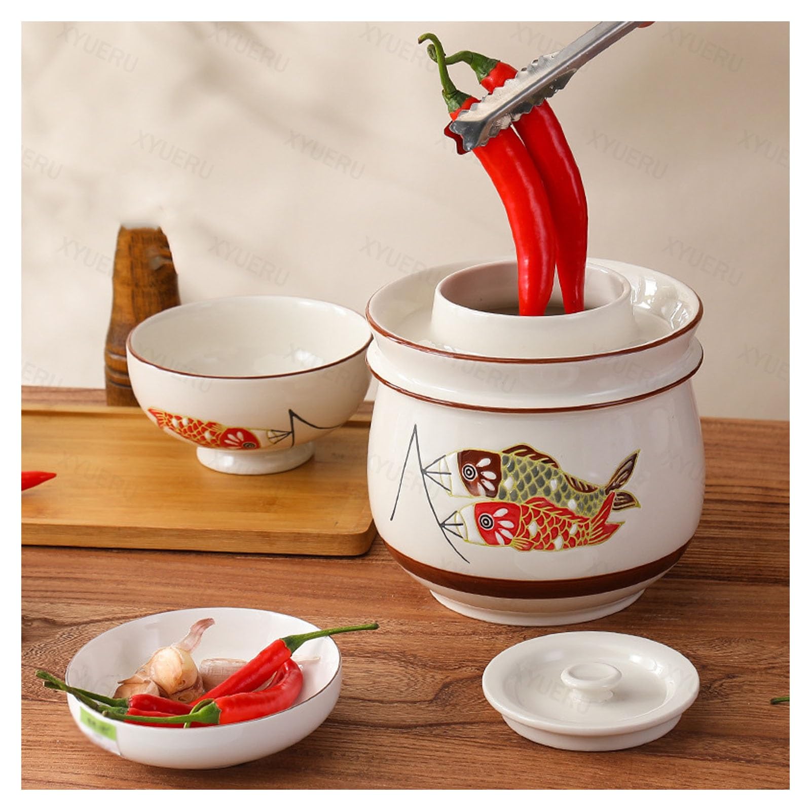 Chinesisches Gärgefäß aus Keramik mit Gärdeckeln, Steingut-Einmachglas | Einmachglas mit breiter Öffnung for Sauerkraut, Kimchi und Essiggurken(2000ml)