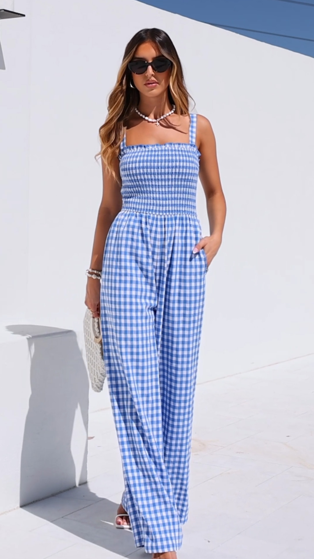 PRETTYGARDEN Womens Jumpsuit Summer Wide Leg Gingham Rompers, Black,S
