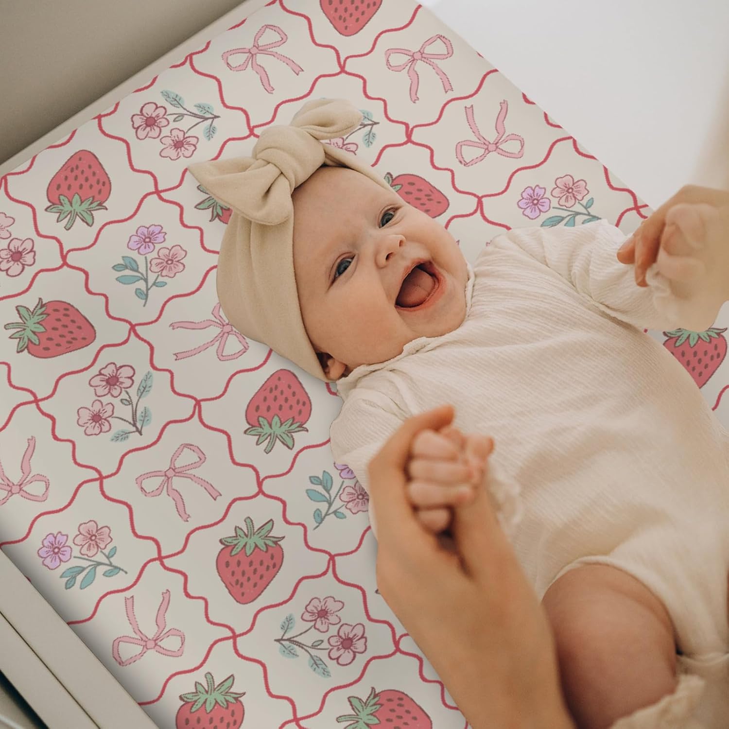Boho Strawberry Flowers Baby Changing Pad Covers for Boys Girls Strawberries Pink Bows Checkerboard Fitted Change Table Pad Covers Mats Pastel Summer Fruit Soft Diaper Changing Table Sheets 32''×16''