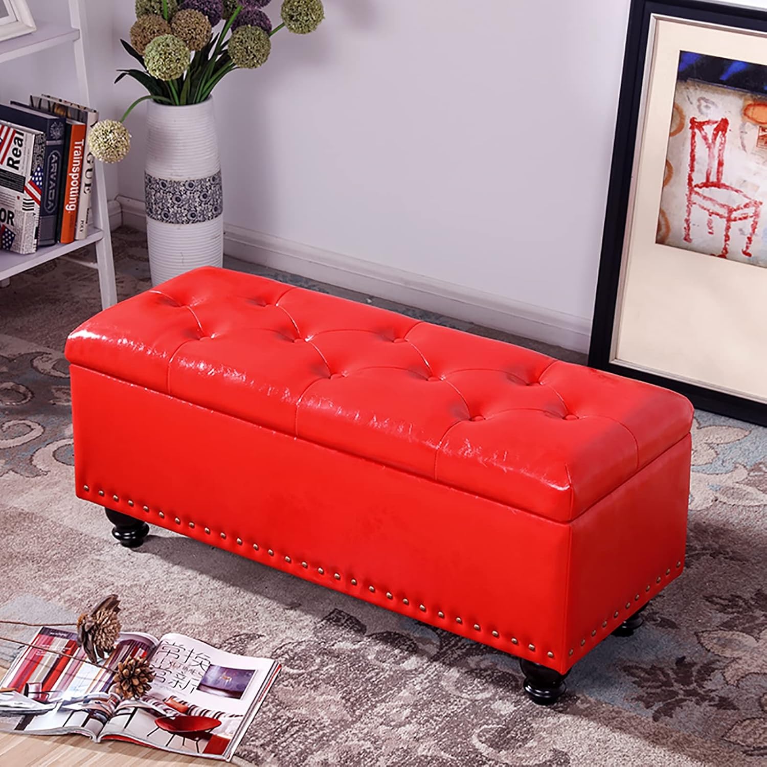 Footstool Faux Leather Bench with Lid Storage Boxes Footrest Stool Storage Bench Decorative Furniture for Living Room Entryway R 100x40x43cm(39x16x17inch)