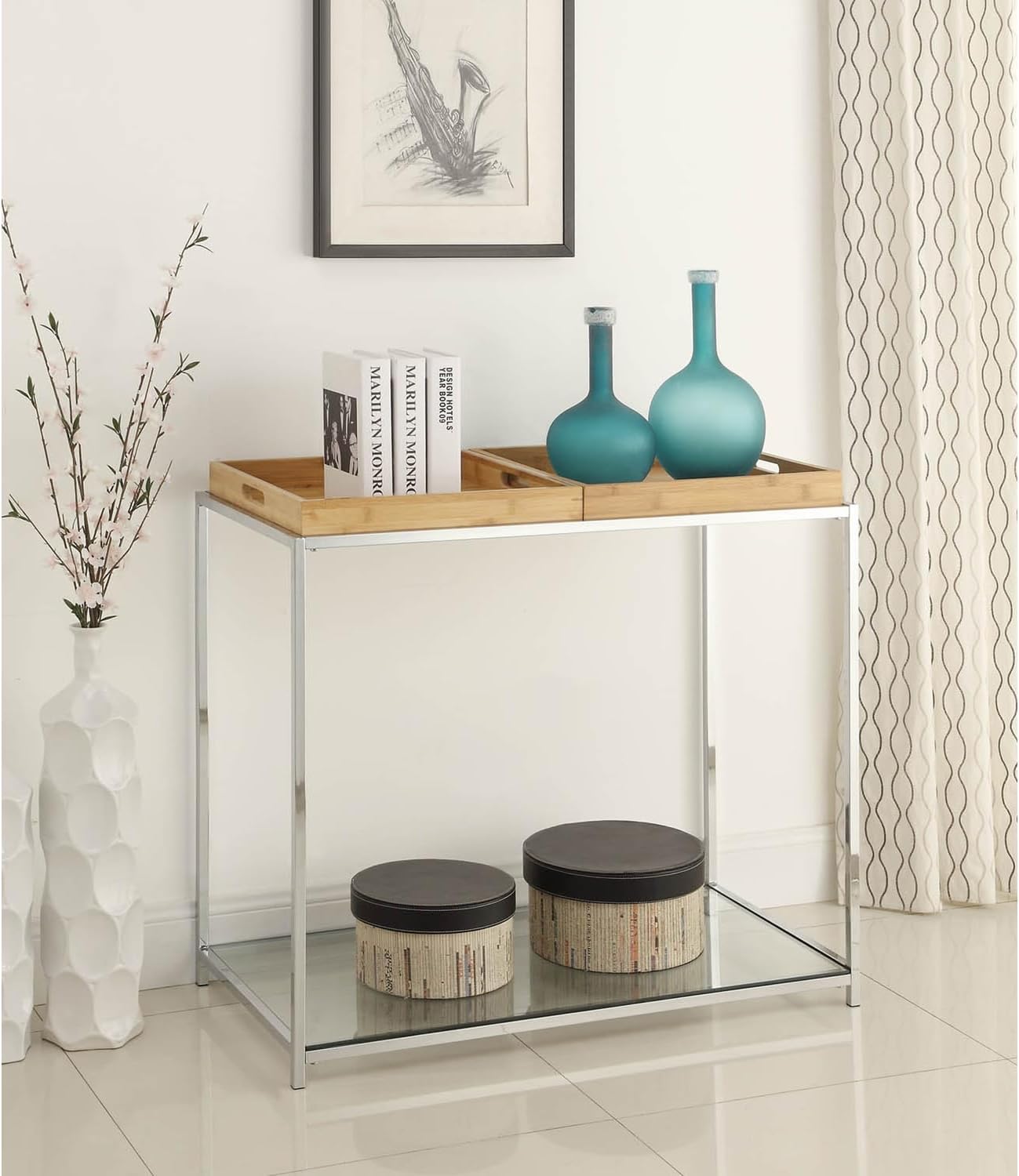 HomeStock Tuscan Temptations Console Table with Removable Reversible Trays, Clear Tempered Glass Top, and Chrome Plated Steel Frame, 30" H x 34.75" L x 18" W