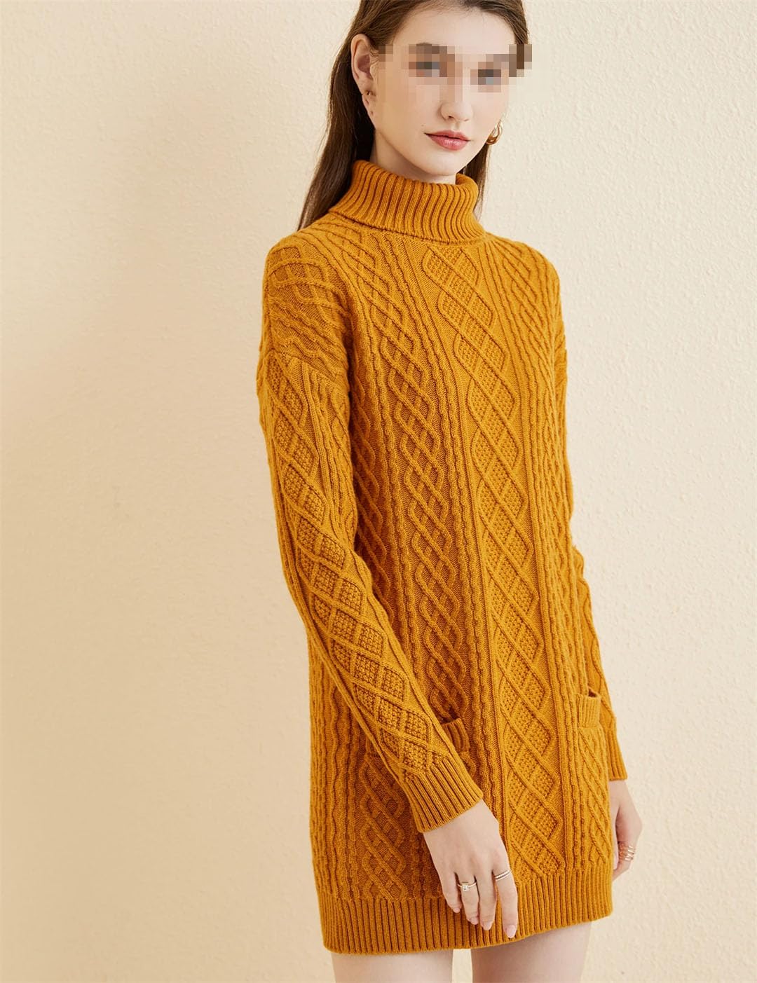 Maglione da donna a collo alto, in lana, invernale, a maniche lunghe, lavorato a maglia