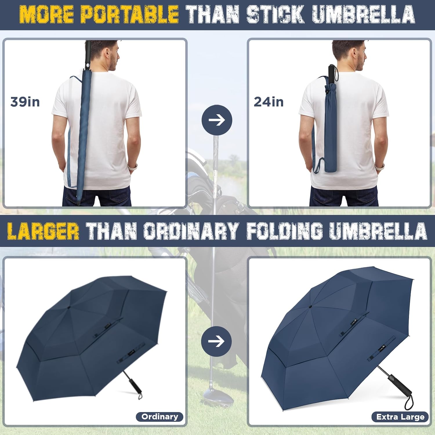 ZOMAKE Compact Golf Umbrella 62 Inch - Automatic Foldable Large Travel Golf Umbrellas Windproof Double Canopy Vented, Collapsible Golf Umbrella for Men Women(Blue&Black)