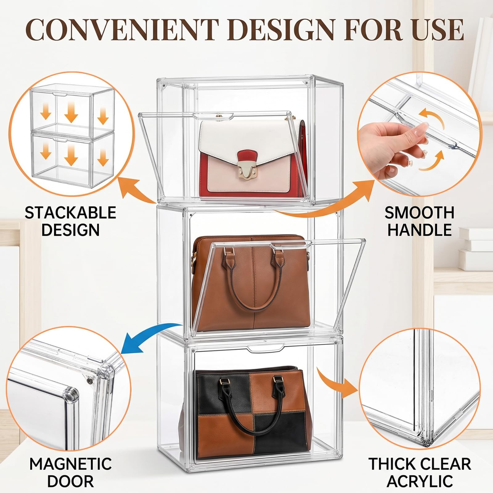 AVLA Paquete de 3 organizadores de almacenamiento de bolsas de plástico para armario, vitrina de acrílico transparente con puerta magnética, organizador de bolso apilable de lujo, cajas coleccionables