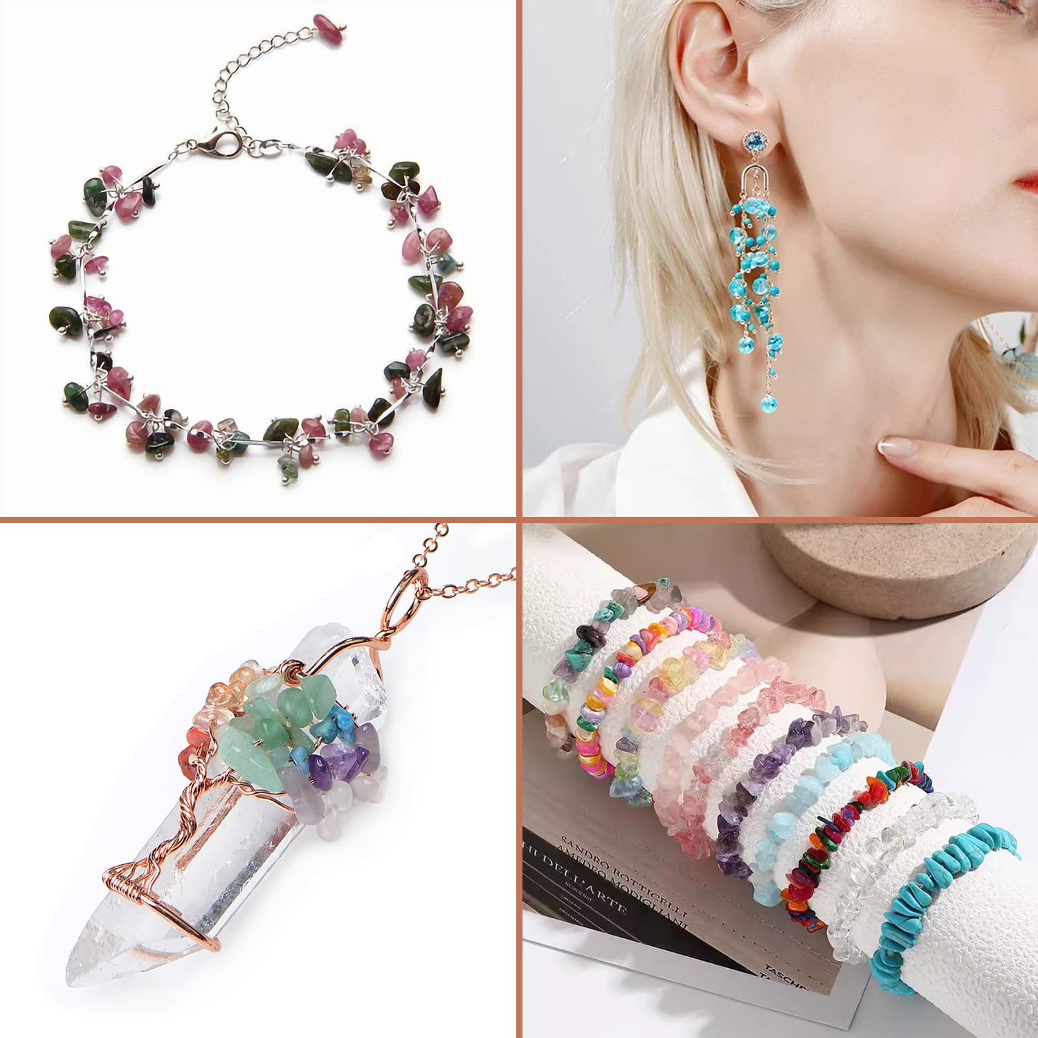 LPBeads Kit de fabricación de joyas, 1200 cuentas de cristal natural en 20 colores de piedras preciosas, anillos de salto, ganchos para aretes, pines, cuerda elástica para pulseras para niñas y