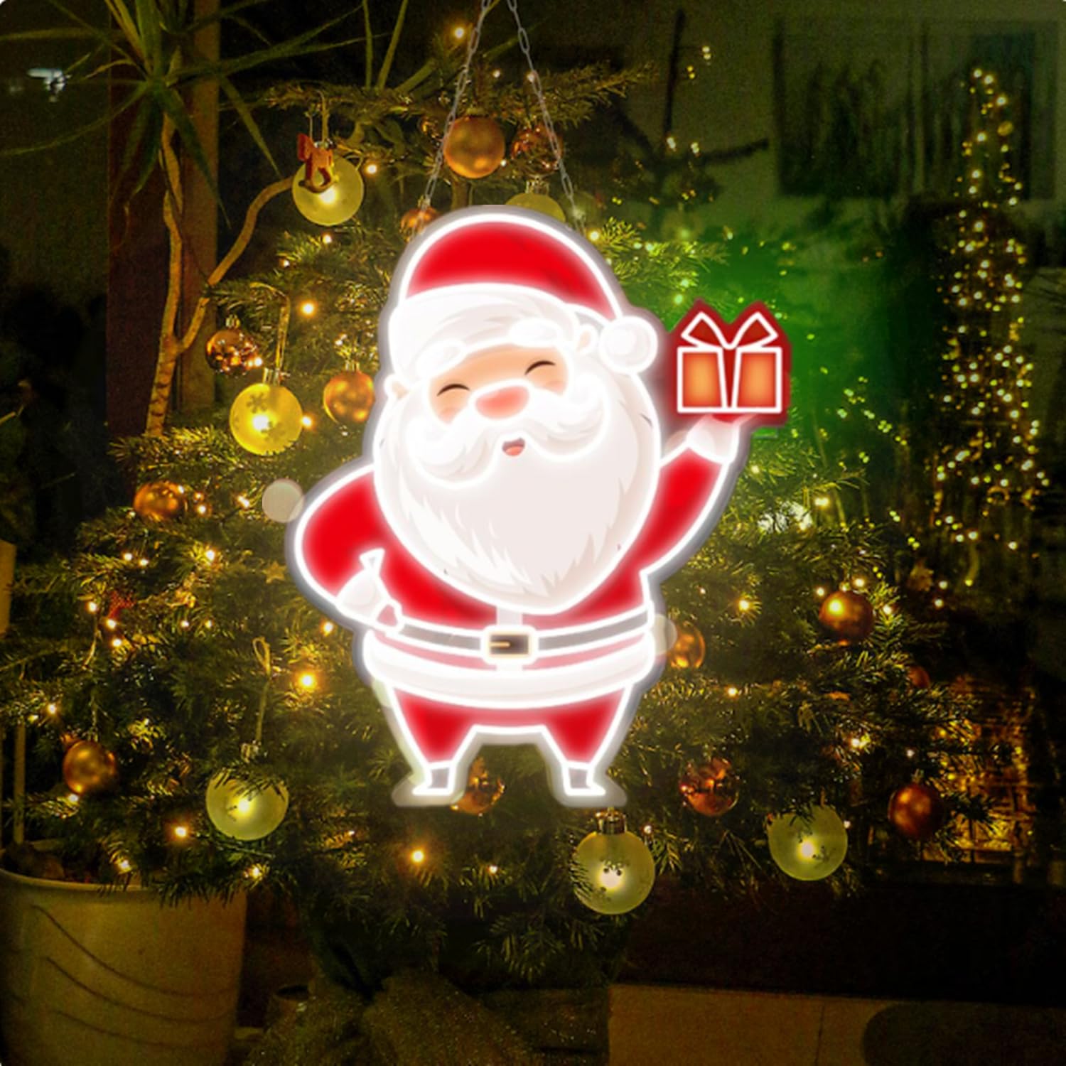 HFHungkeong Merry Christmas Neon Sign LED Santa Claus hand with Gift Box Wall Art Lamp for Home Christmas Eve Party Desktop Decor,5V USB Powered,Include Hanging Chain