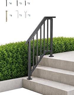 Handrails for Outdoor Steps, Adjustable Stair Handrail Kit Fit 2 to 3 Steps Outdoor Stair Railing, Transitional Wrought Iron Handrails with Balusters for Concrete/Porch/Deck/Wooden Steps,Black