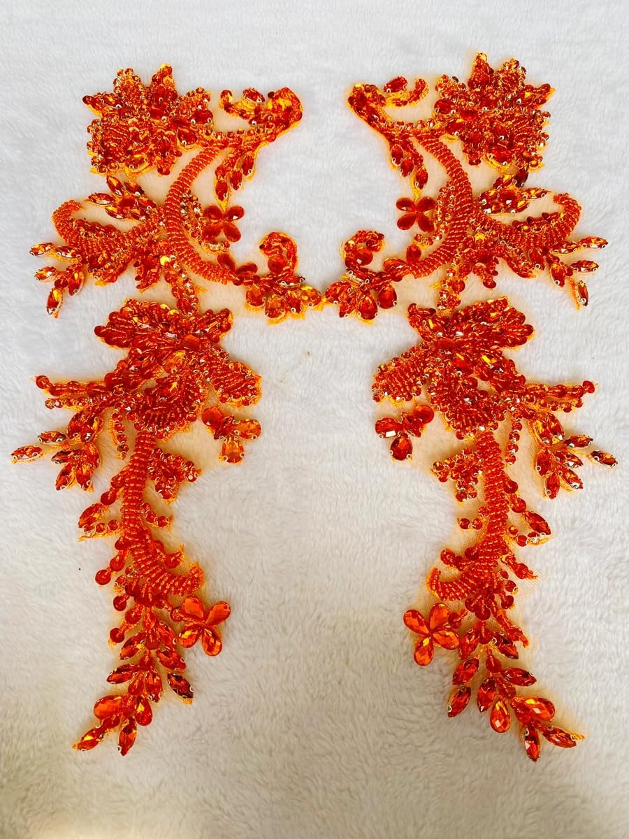 Handmade Rhinestones on Lace Applique Trim Sewing Beads Sequins Trim Patches for Wedding Dress Accessories 1Pair/Bag (Orange)