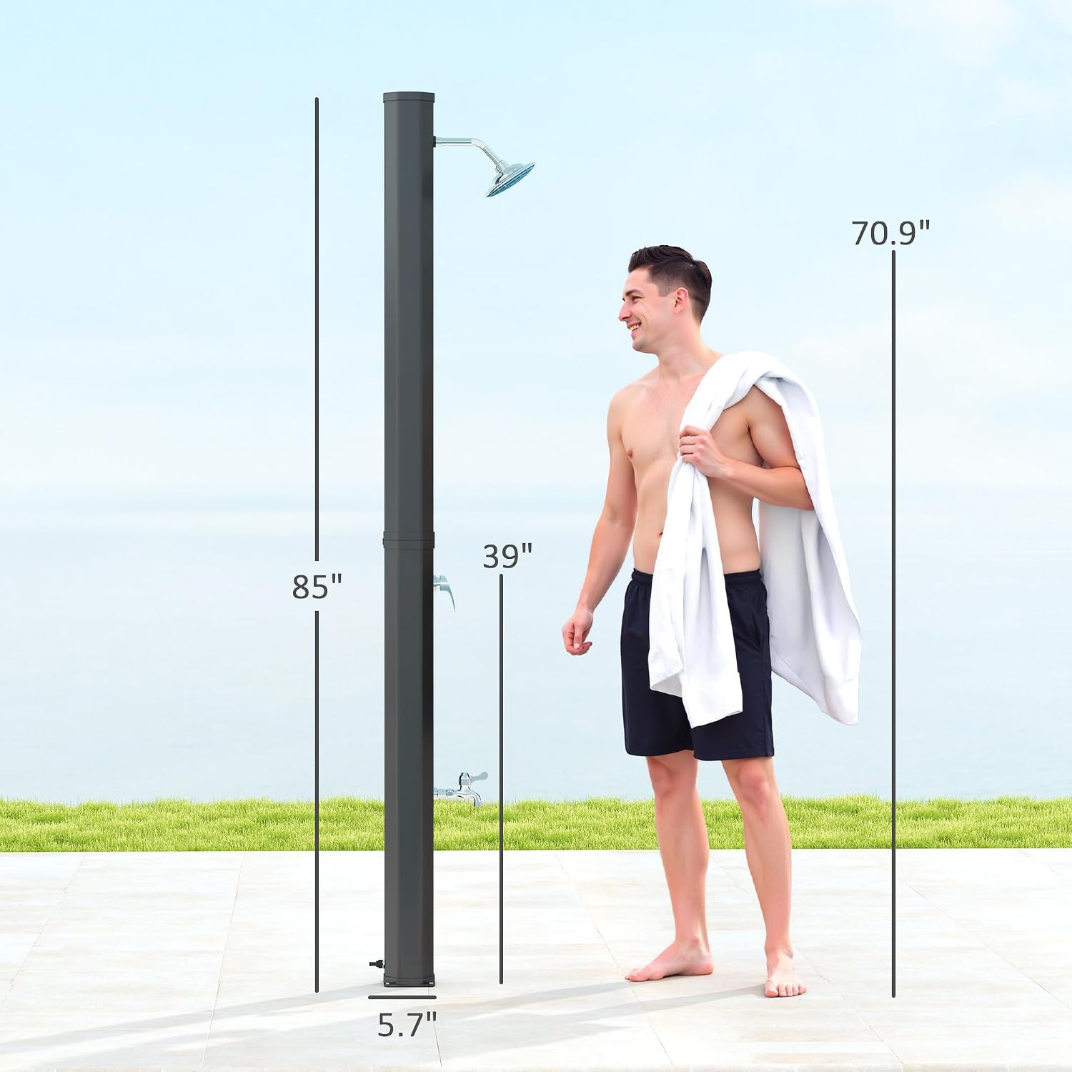Outsunny 7.1FT Slolar Heated Outdoor Shower, 2-Section 9.2 Gal Outdoor Solar Shower with Free-Rotating Shower Head, Side Tray, Temperature Adjustment & Foot Shower for Backyard Poolside Beach Spa