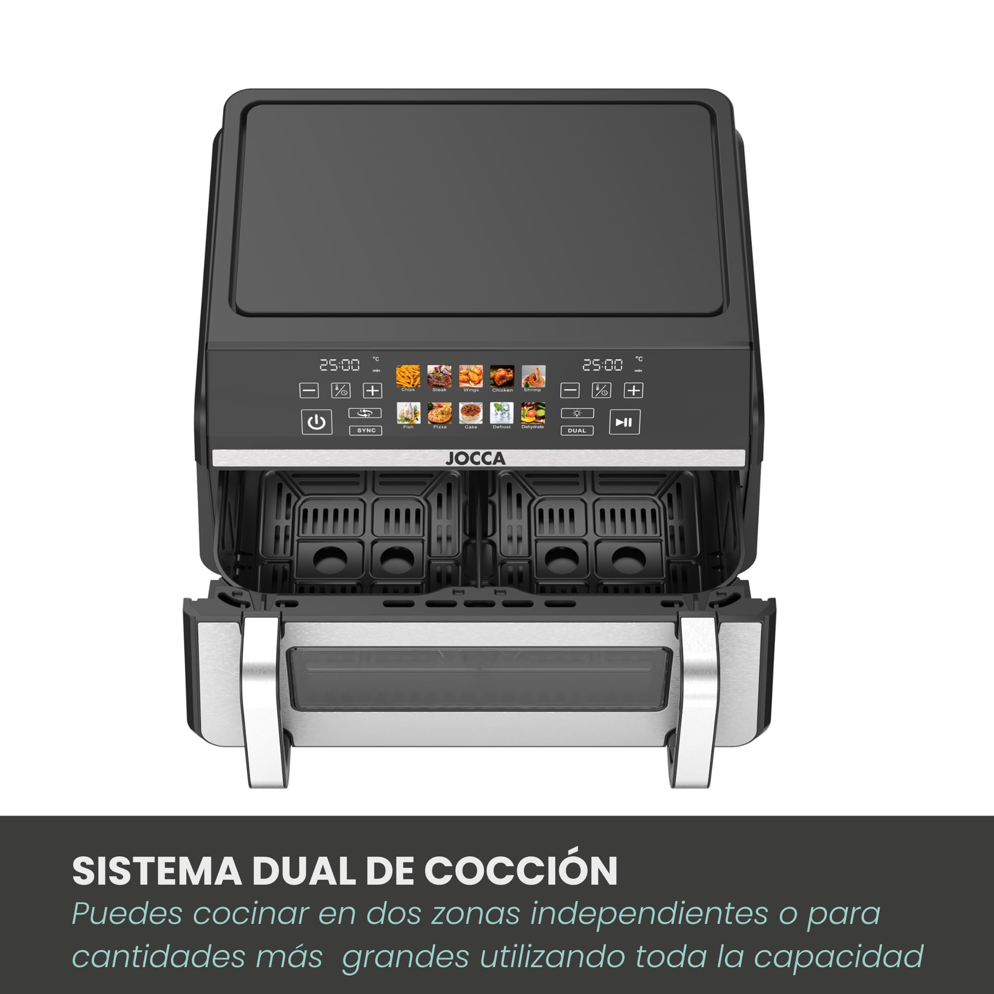 JOCCA - Freidora de Aire 10 Litros con Sistema Dual, Doble Resistencia, 2200W, 8 Programas, Función Sync, Temperatura de 80º a 200º, Temporizador, Ventana, Pantalla Táctil