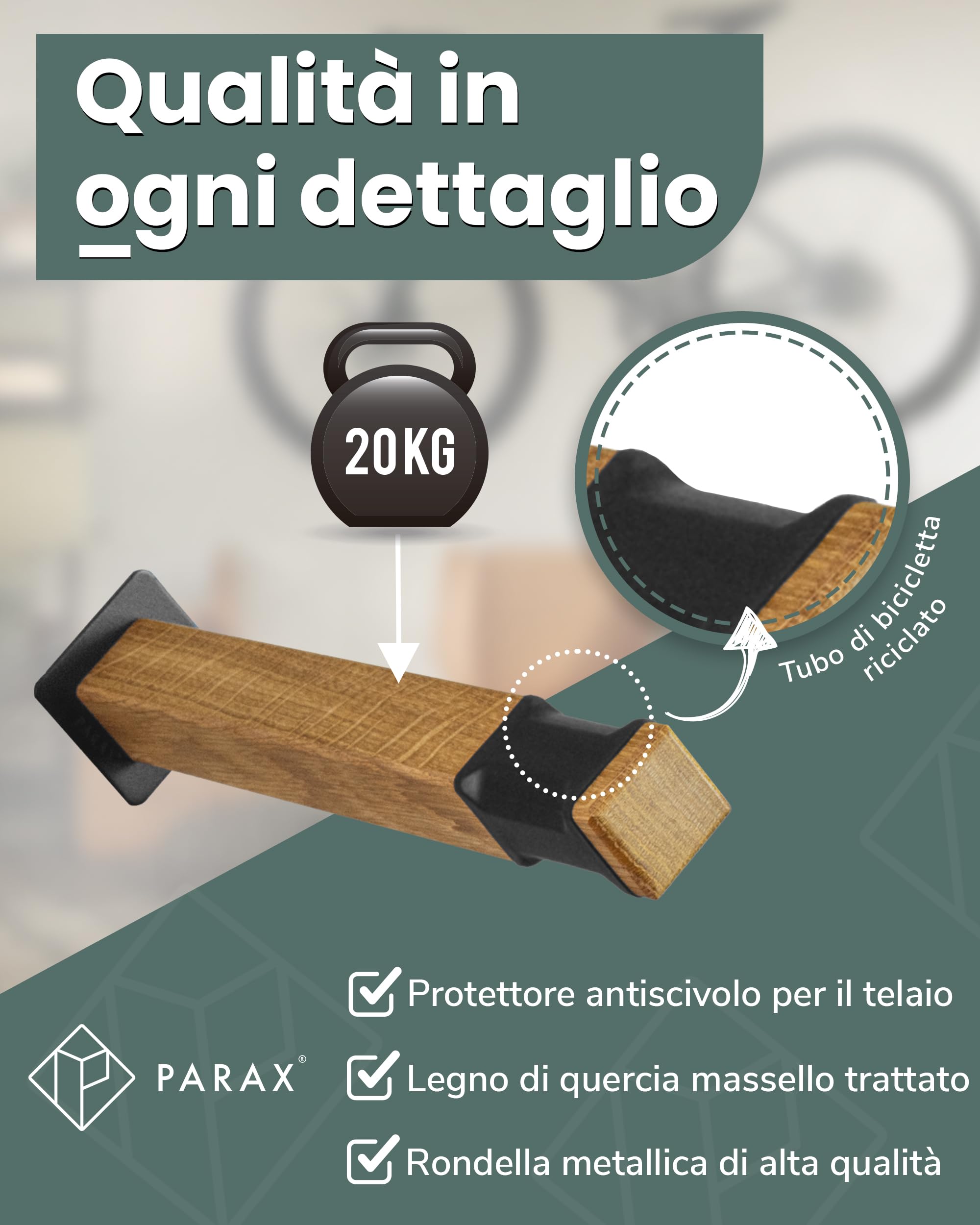 PARAX Supporto da parete per bicicletta, in legno e tubo per bicicletta, bastoncini per portabici fino a 20 kg, per interni e biciclette