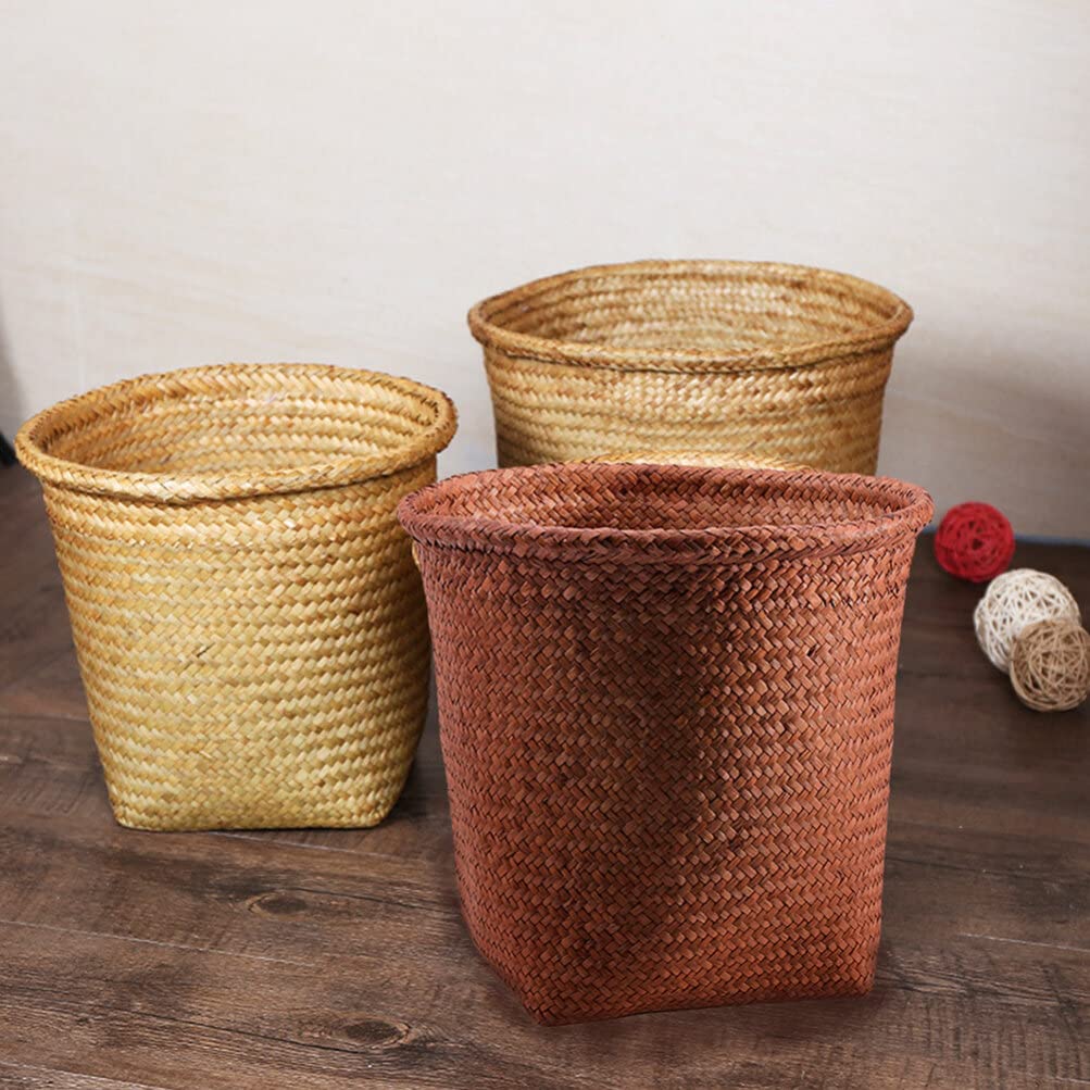 Cabilock 1pc Straw Woven Wastebasket Storage Bin for Home Office Trash Can for Paper Design Versatile