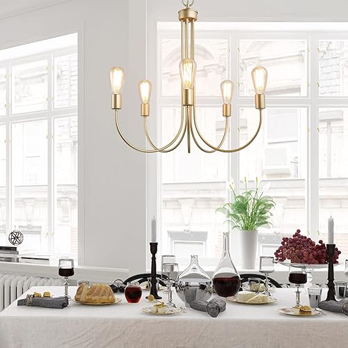 Miniatura 3 de Durent Lighting Candelabro grande dorado, lámpara moderna para comedor y sala de estar, dormitorio y cocina, 5 luces