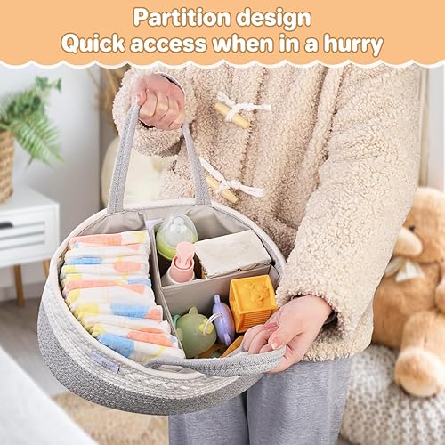 Miniatura 4 de PHILORN Organizador de pañales, cesta de pañales de cuerda de algodón, organizador de pañales tejido con divisores, cesta de almacenamiento de