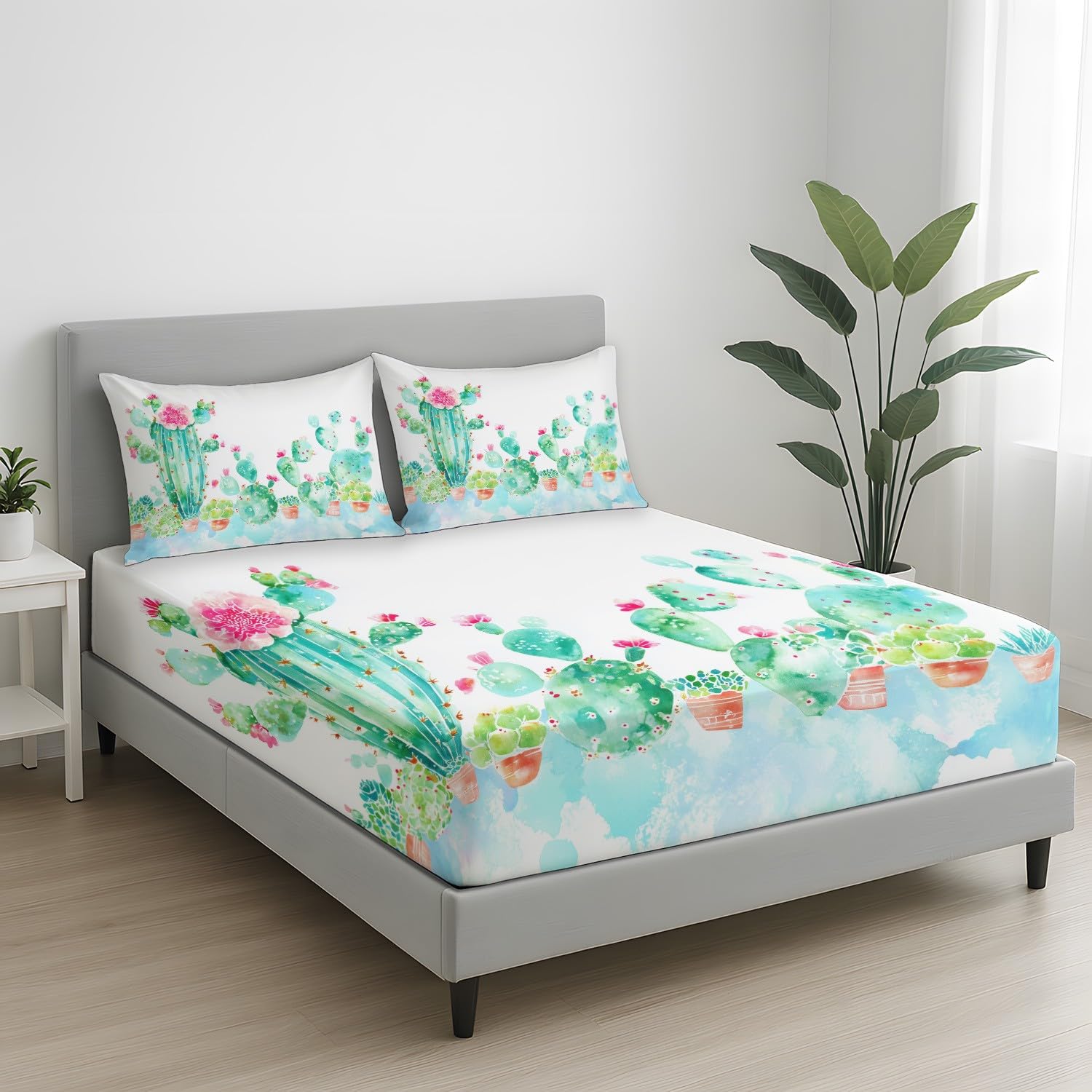 Aquarell Pflanze Spannbetttuch Frisch Kaktus Sukkulente Blume Spannbettlaken 140 x 200 x 30 cm 3teilig Mikrofaser Bettwäsche Set mit 2 Kissenbezüge 80 x 80 cm Kein Flachbettlaken