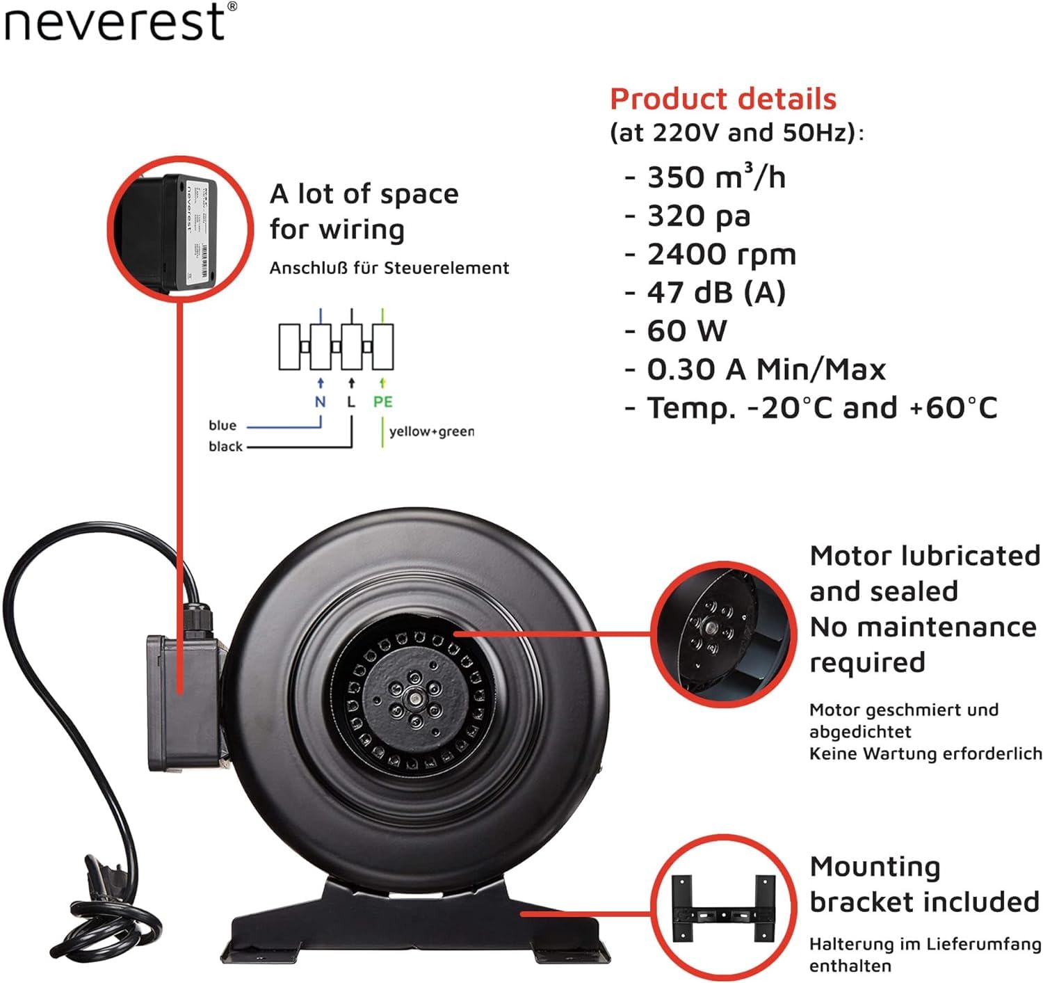 neverest® RV-B 100 mm Ventilatore Centrifugo in Linea Aspiratore Professionale Condotto Riscaldamento Raffreddamento 210 CFM, 300 pa, 2400 rpm, 42 dB (A) 70 W 0.65 A Min/Max.