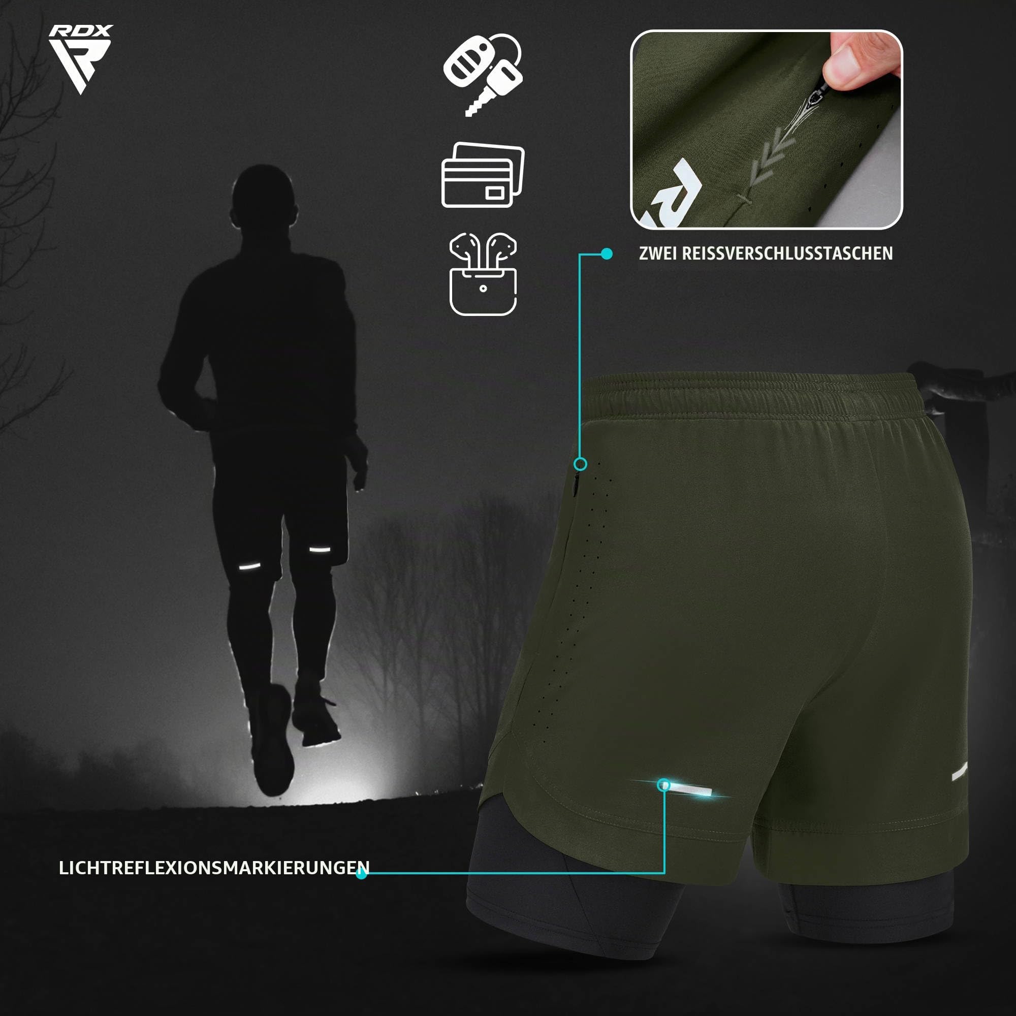 RDX Laufhose Herren kurz, 2 in 1 Running Kompressions Shorts, Trainingsshorts mit 2 Zipper und 2 Telefon Tasches, Laufshorts Am Besten für Sports Fitness Workout Joggen Schwimmen Gym Radfahren Yoga