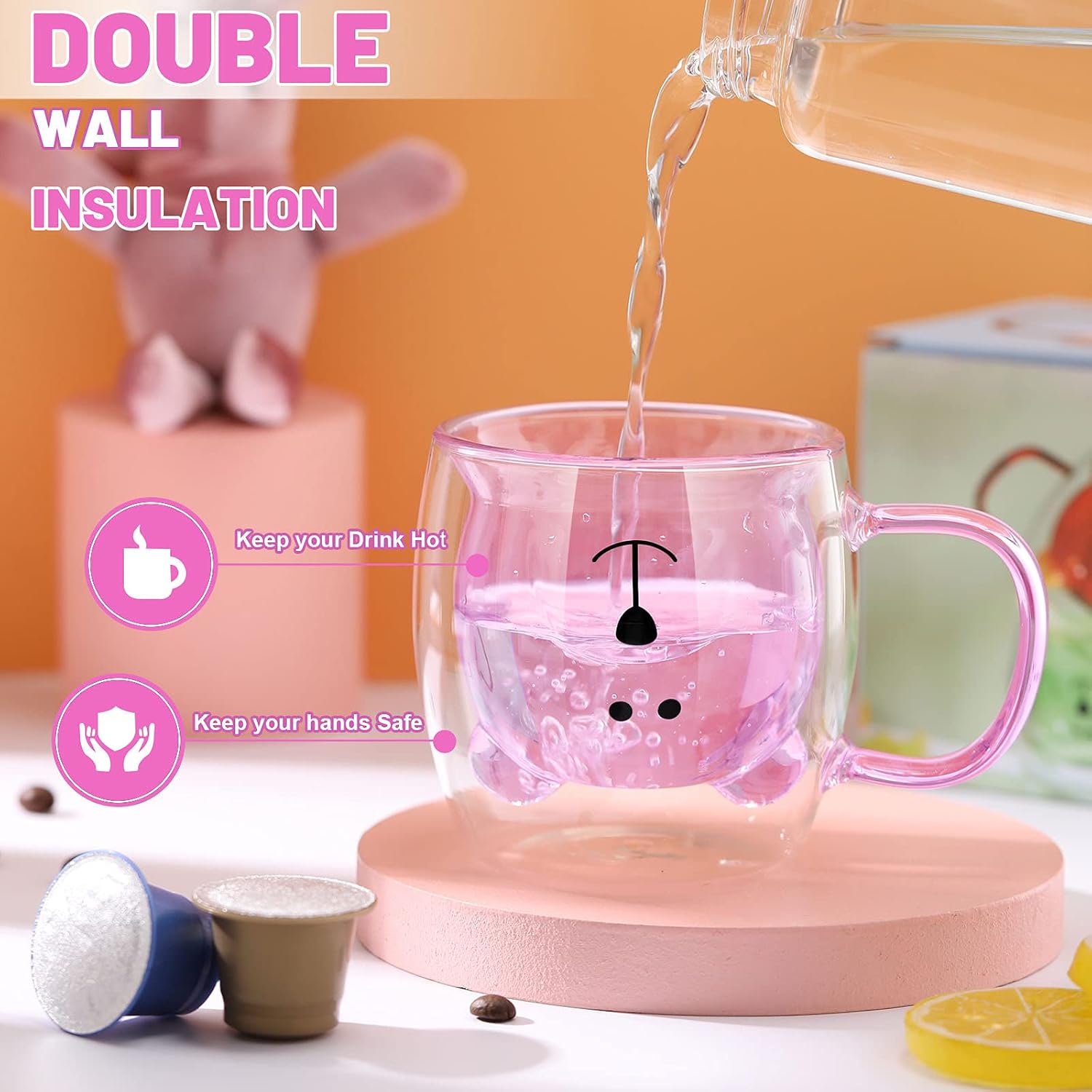 Patelai Cute Bear Mug Double Wall Glass Cup with Handle, 1 Piece, Pink