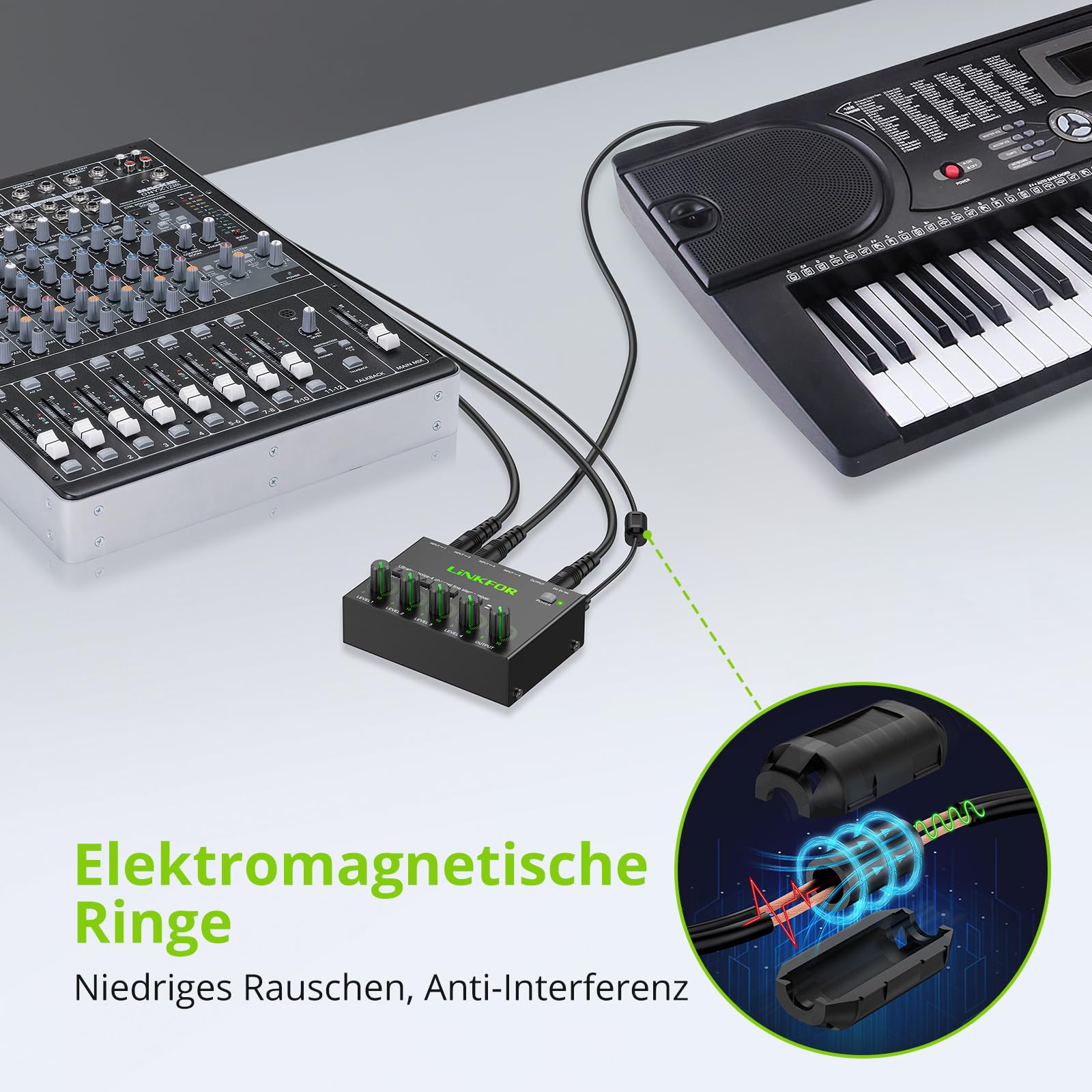 LiNKFOR 4 Kanal Stereo Audio Mixer, Ultra Niedriges Rauschen, Unabhängige Lautstärkeregelung, DC 5V Type-C Mini-Audiomischer mit Netzteil Audiokabel für Mikrofone, Gitarren, Bässe, Keyboards
