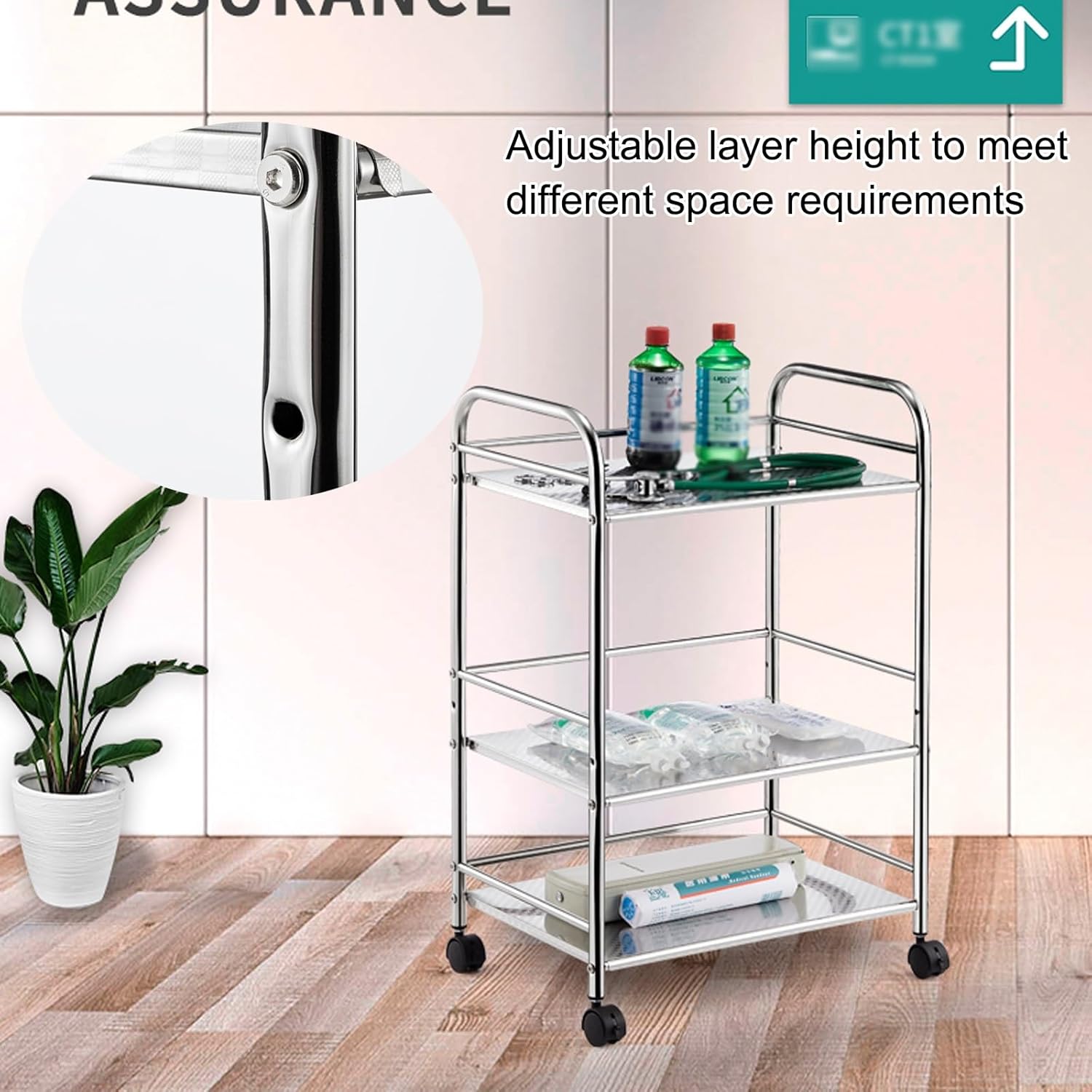 Medical Cart, 3/4-Layer Medical Trolley, Lab Serving Cart with Swivel Casters, Beauty Storage Cart, Shelf Stainless Steel Utility Cart, for Lab, Clinic, Hospital, Salon(One Color-100Cm)