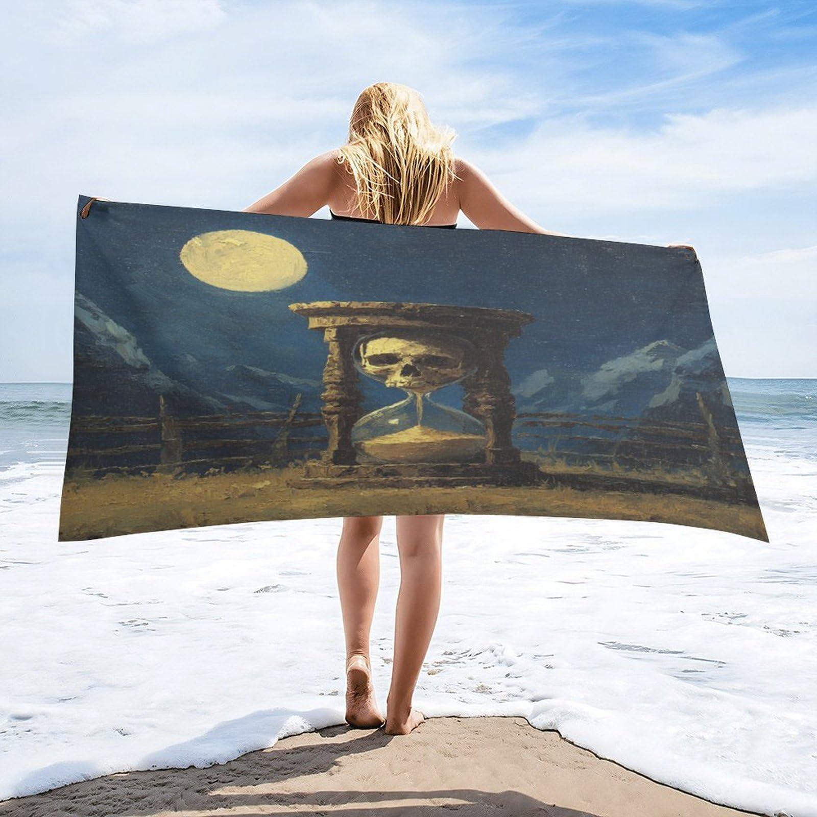 Luyysky Fantasy Cool Skull Hourglass Absorbent Beach Towel, Retro Oil Painting Full Moon Mountain Skull Skeleton Outdoor Single-Sided Velvet Beach Towel-80 W Cm X 160" L Cm