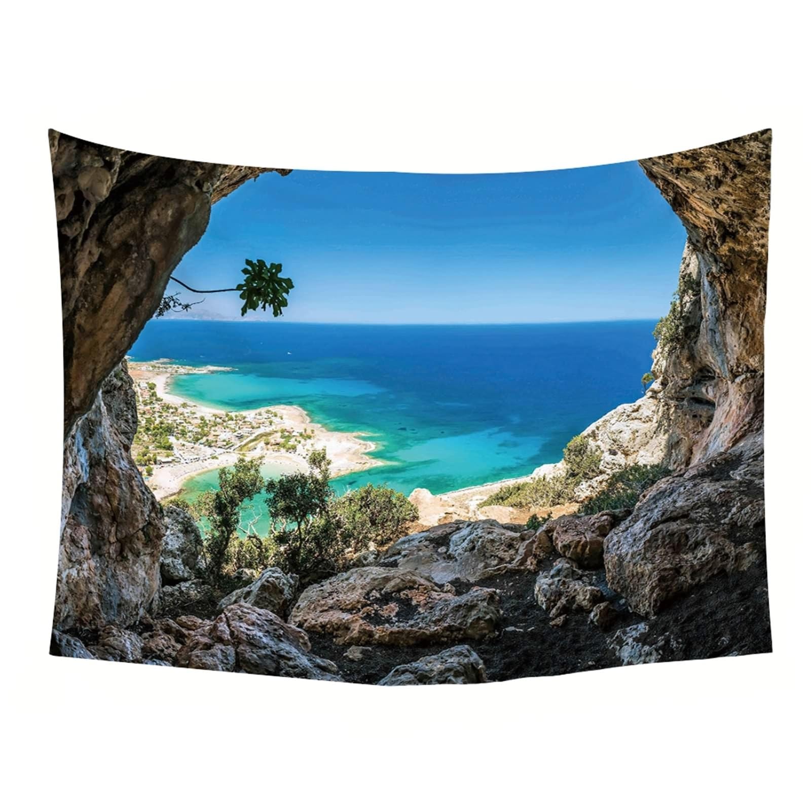Tapiz decorativo para comedor, diseño de cueva, paisaje costero, gris, azul, verde, microfibra, 200 x 200 cm (ancho x alto)