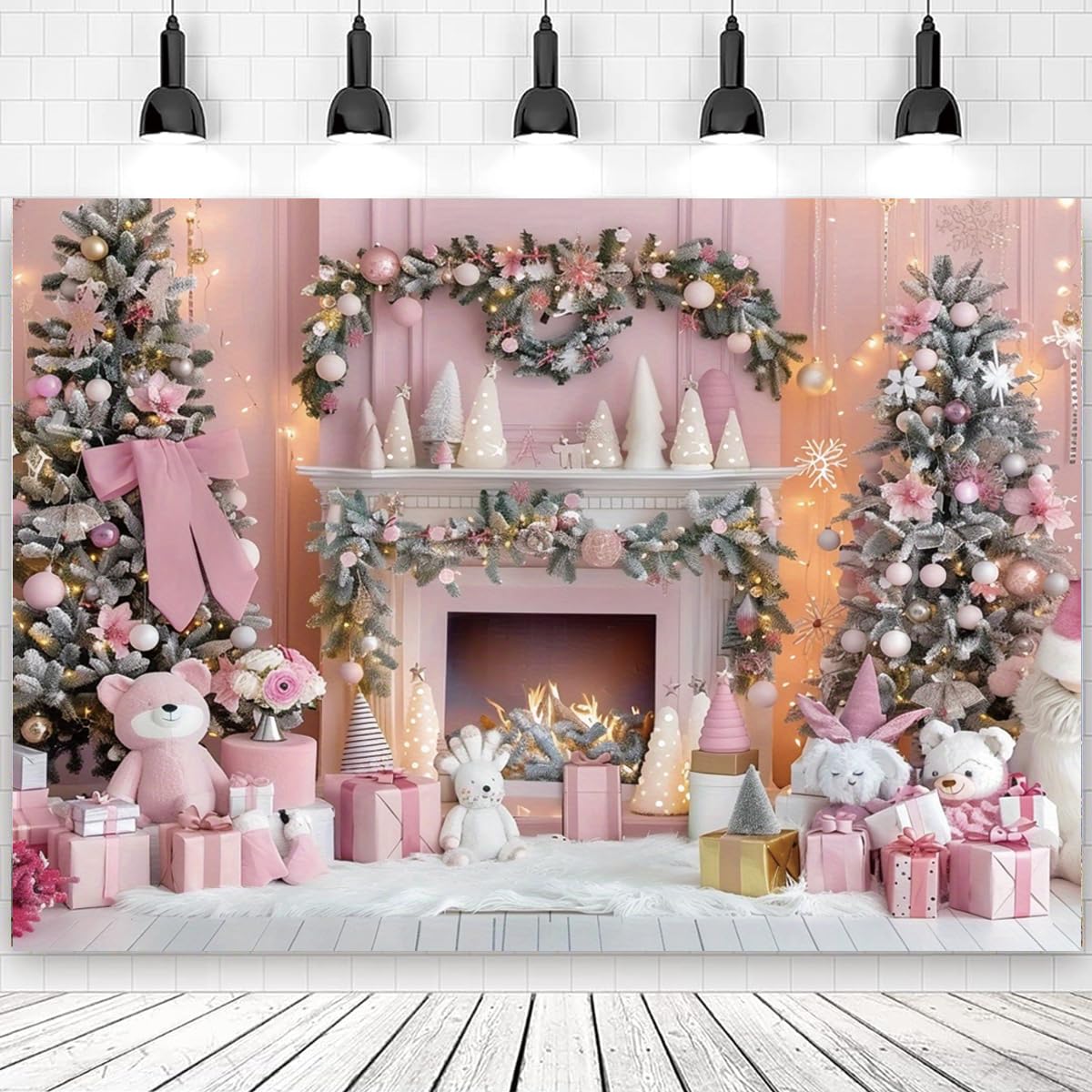 Amazon.com : JICONEE Christmas Fireplace Backdrop Pink Xmas Tree