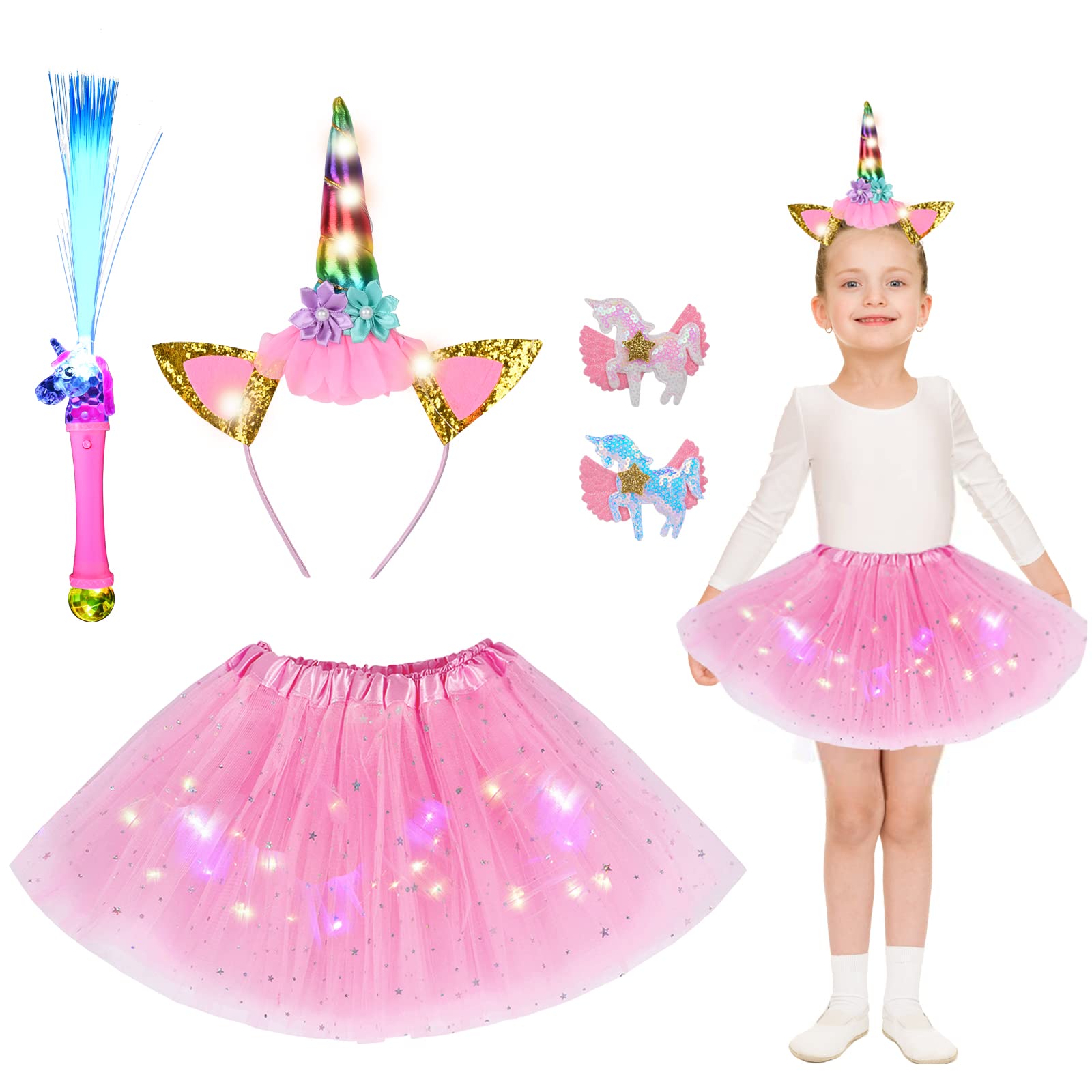 Ulikey Disfraz de Unicornio para Niña, Falda Tutú, Diademas Unicornio Luz, Varilla Luminosa LED de Unicornio, Pinzas de Pelo de Unicornio, Traje Unicornio Niña Cumpleaños Carnaval Cosplay