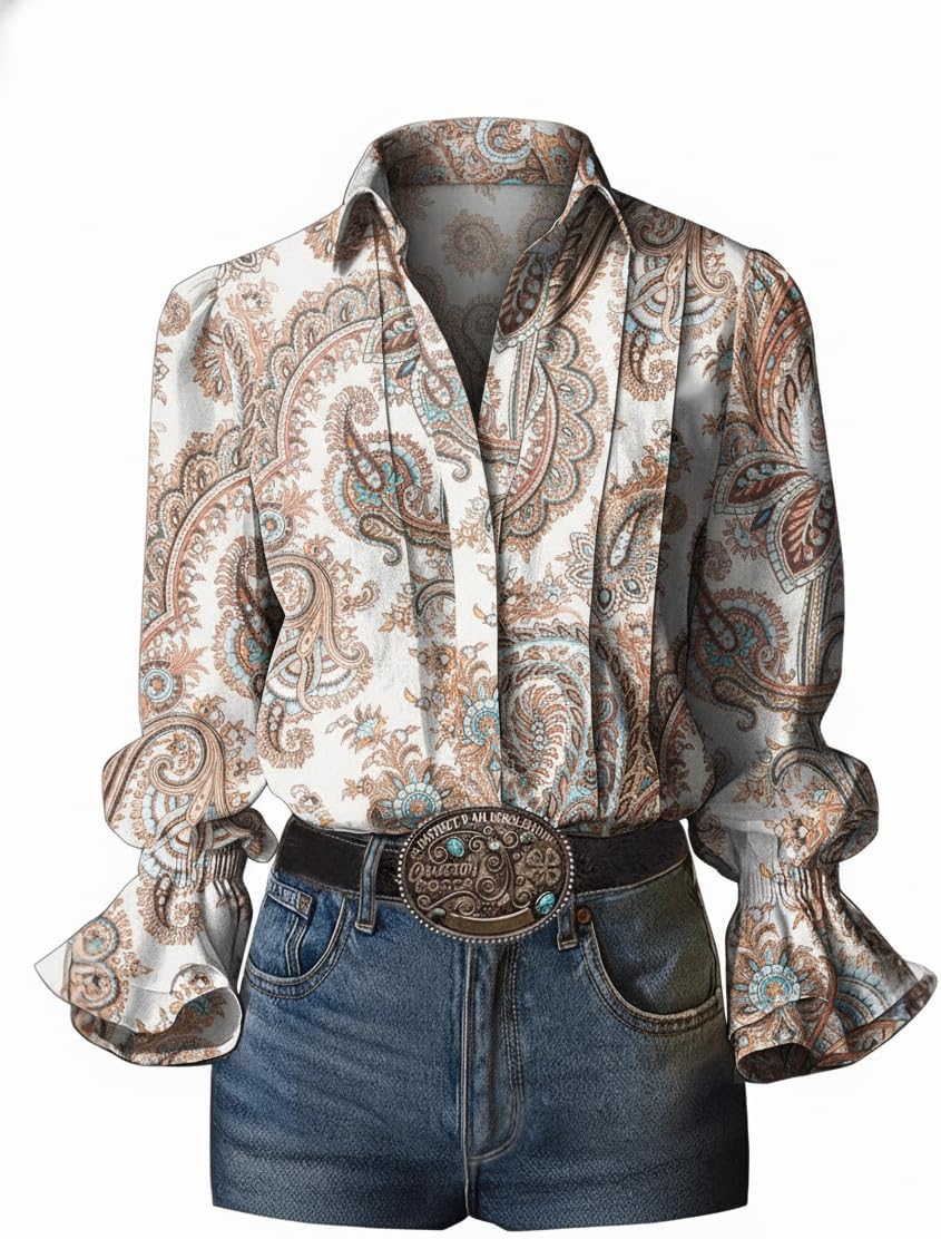 OSCORP Womens Boho Western Button Down Blouse, Long Sleeve Ruffle Cuff Pleated Loose Fit Cowgirl Paisley Print Shirt