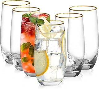 Drinking Glasses Set of 6, Crystal Tall Highball Water Glasses 13 oz Gol...