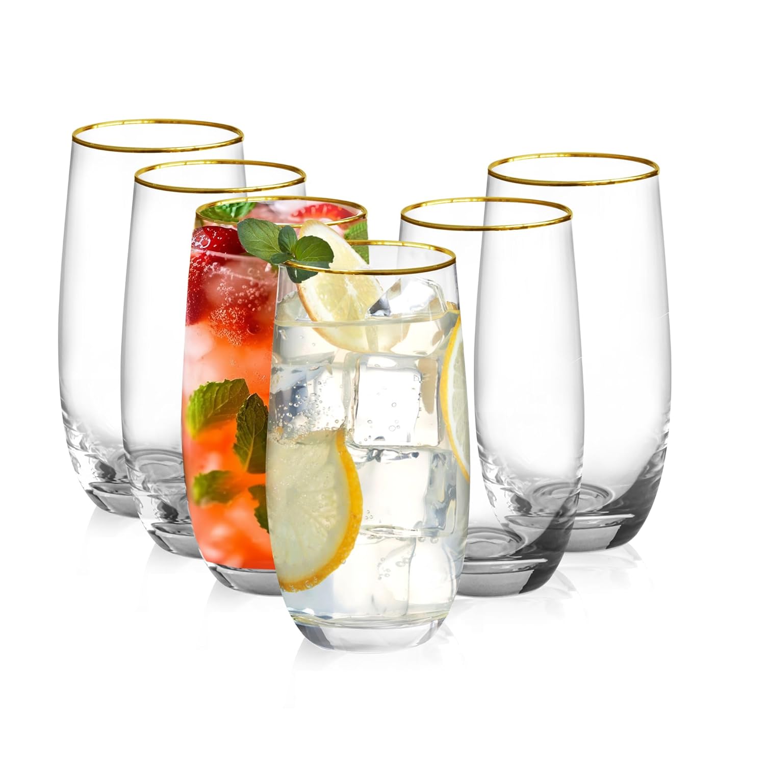Drinking Glasses Set of 6 Crystal Tall Highball Water Glasses 13 oz Gold Rimmed Glassware Cups Drinking for
