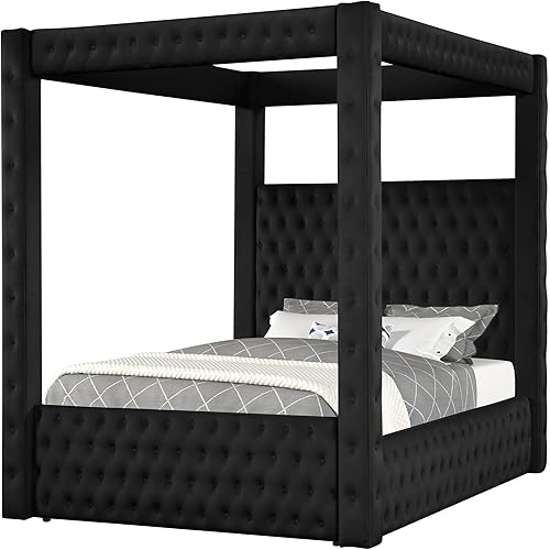 Velvet Canopy Bed Frame King - Upholstered Four Poster Bed Frame with Tufted Headboard and Footboard, Luxury Bed Frame with Wood Slats for Bedroom Furniture, Box Spring Required, Black
