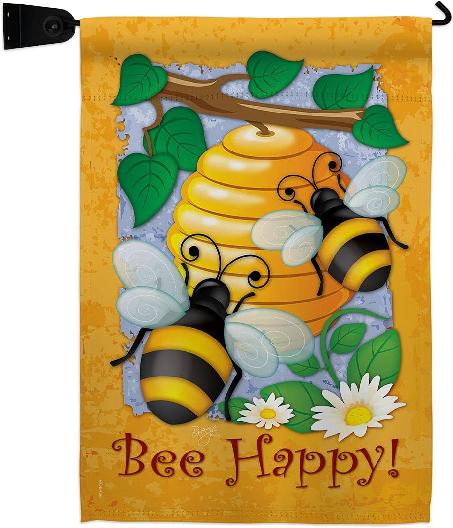 Bee Happy Burlap Garden Flag Friends Butterfly Ladybugs Dragonfly Springtime Insect Natural Wildlife Small Decorative Gift Yard House Banner Double-Sided Made In USA 13 X 18.5